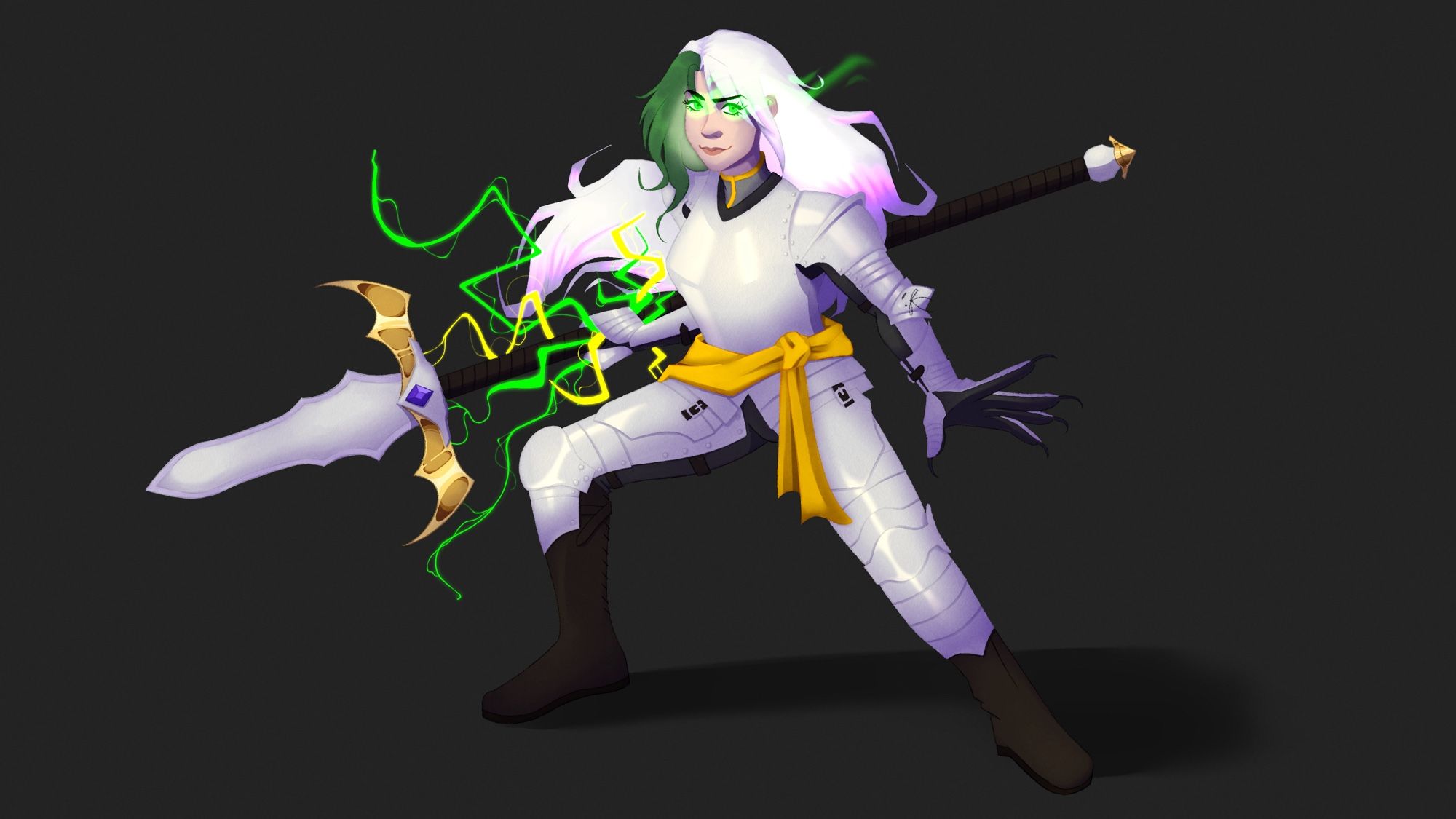 Woman in plate armor, with a yellow sash around her waist. She holds a great spear in one and with gold detailing and a purple gem near the base of the blade. Yellow and green energy crackle around her hand like lightning. She has long white hair with a green streak on one side and glowing green eyes.