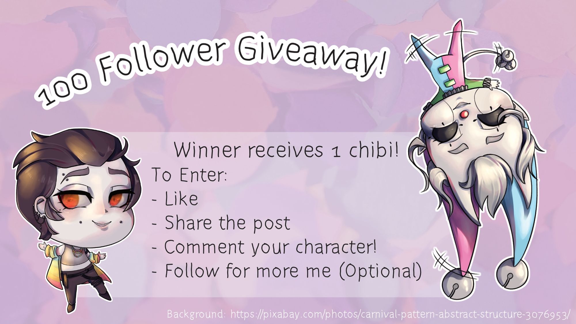 The information from the post on how to enter is repeated on the image surrounded by two chibi illustrations on a confetti background. One chibi is a cartwheeling tiefling clown with many bells and clashing colours. The other is a smiling little guy with a colourful cardigan and a crop top.