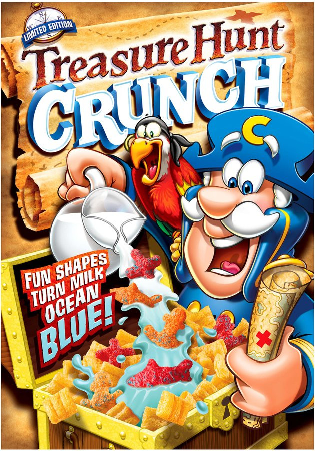 A cereal box with the words "Treasure Hunt Crunch" printed across an old tattered scroll. Cap'n Crunch is enthusiastically pouring milk into a treasure chest full of Cap'n Crunch cereal, and shark and anchor shaped pieces that are turning the milk blue. Cap'n is holding a treasure map and has a parrot on his shoulder who is looking on with mouth agape