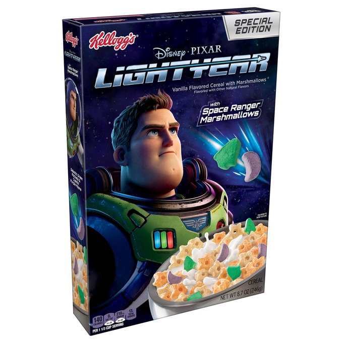 Buzz Lightyear gazes off into the distance with his helmet off. In front of him is a bowl full of yellow and orange cereal pieces, and green and purple "rocket ship" and "moon"-shaped marshmallows