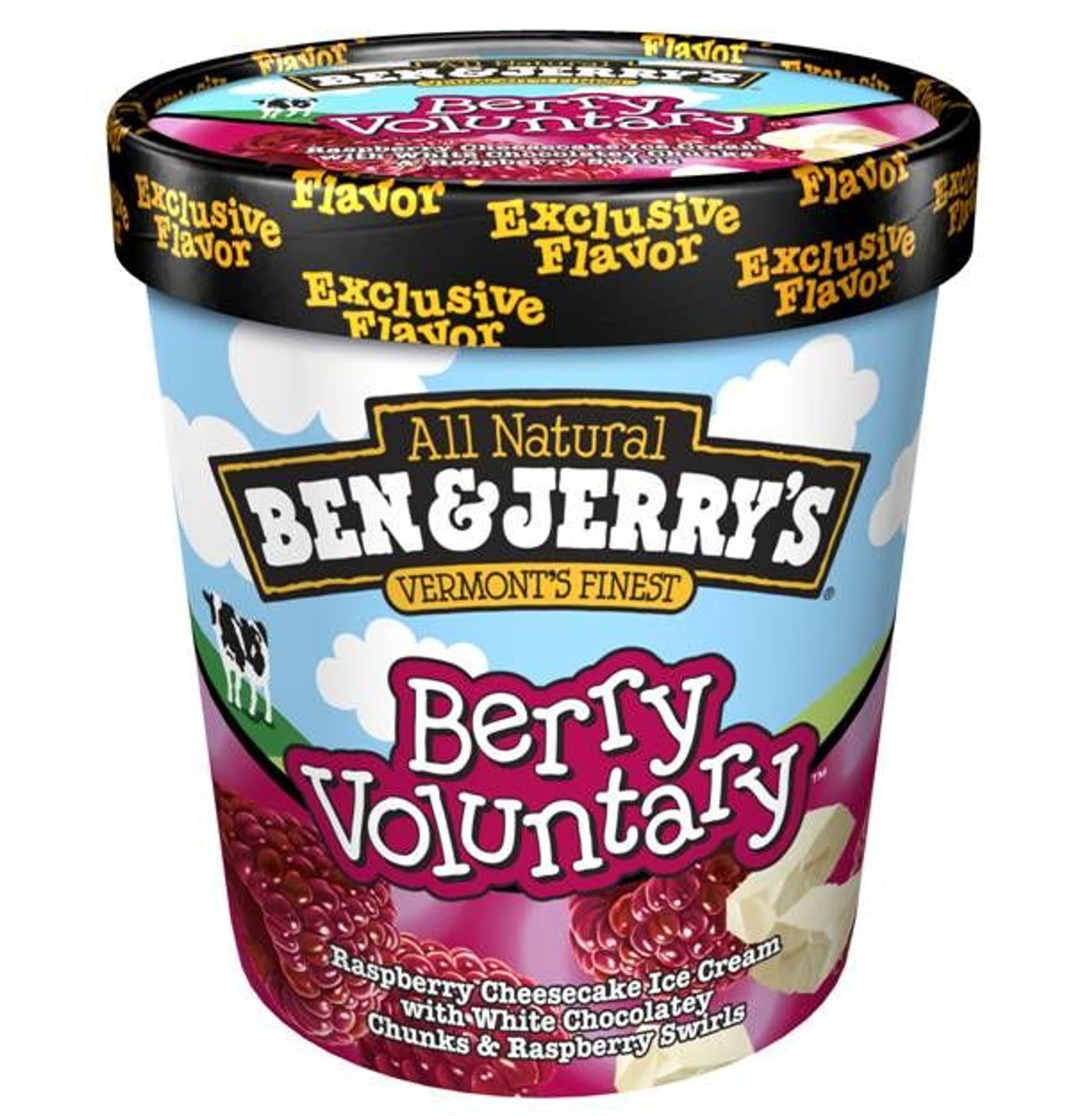 A pint of Berry Voluntary, which features the Ben and Jerry's logo, large raspberries, and chunks of white chocolate, in front of a blue sky filled with white clouds, and a cow