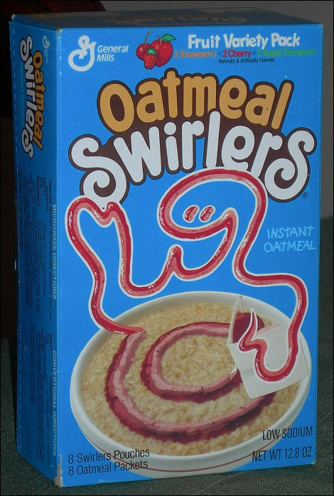 A blue box with a bowl of oatmeal in a white bowl. There is a swirl of red jelly in the bowl that is rising up to take the shape of a smiling, waving, ghost-type character
