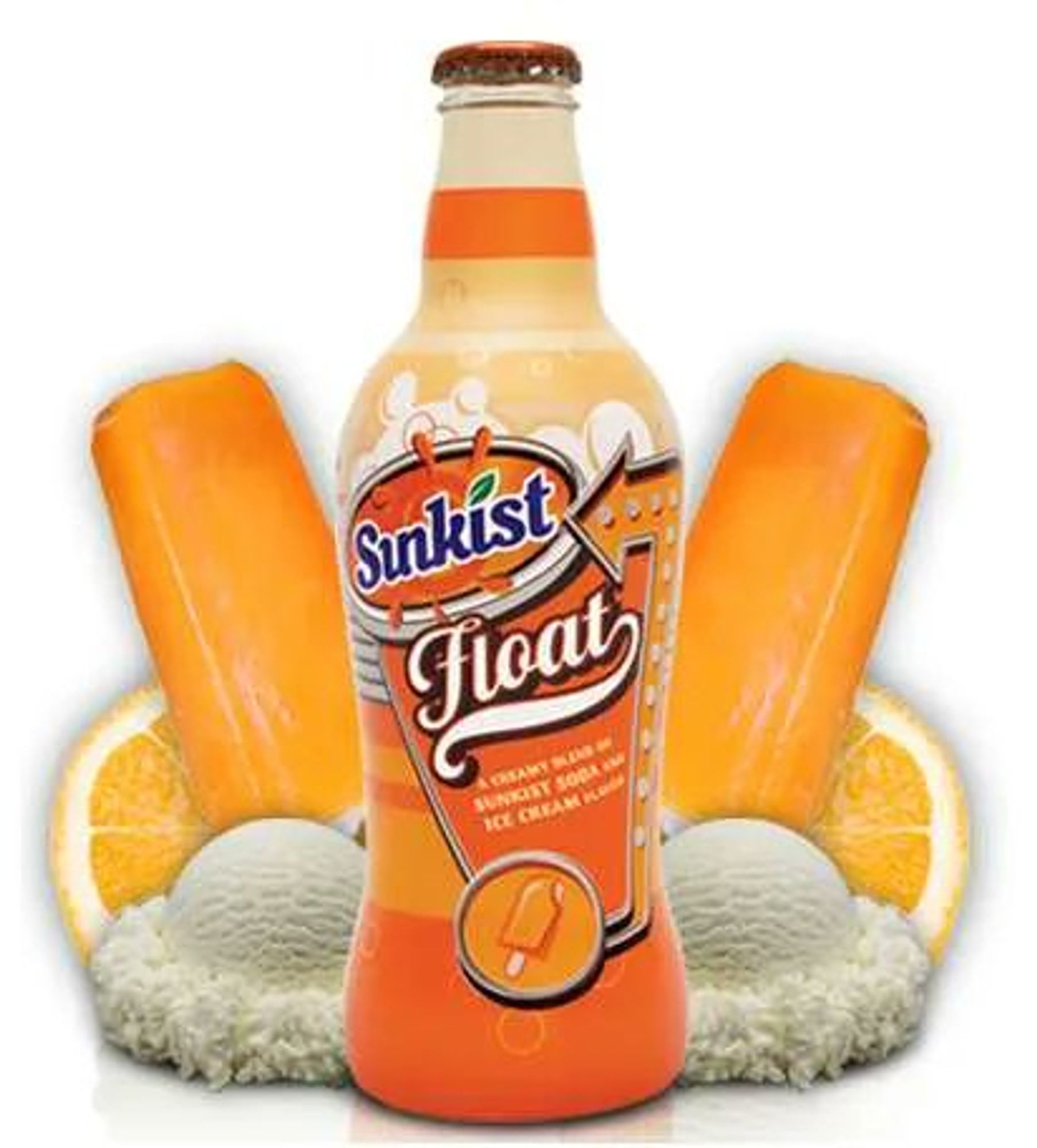 A Sunkist Float bottle, orange, blue, and tan, stands in front of two scoops of vanilla ice cream, two orange slices, and two creamsicle bars