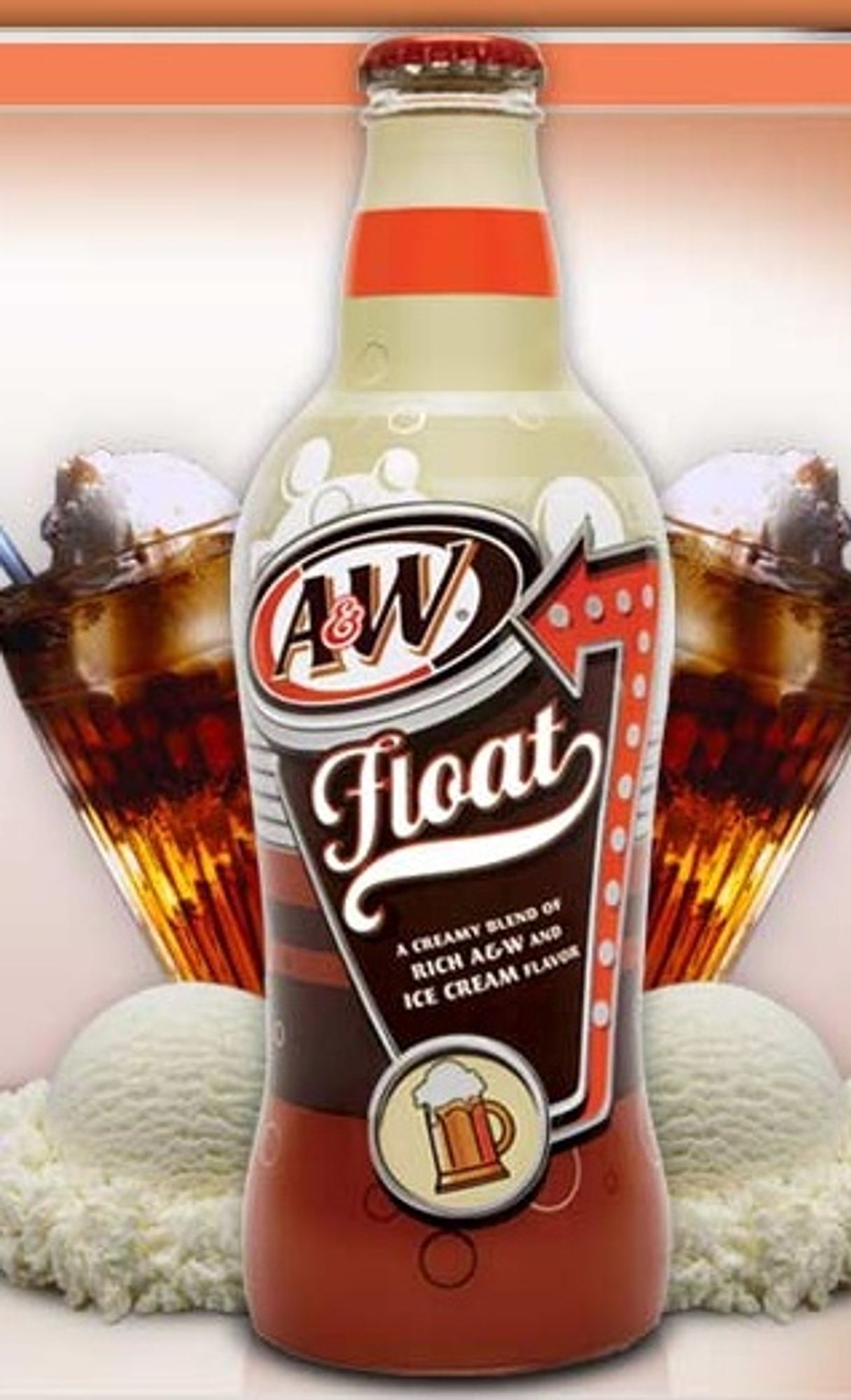 An "A&W" Floats bottle--brown, orange, and tan, stands in front of two scoops of vanilla ice cream, and 2 frosty glasses of root beer floats