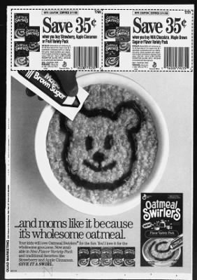 A coupon for Oatmeal Swirlers, featuring a bowl of oatmeal with a picture of a teddy bear face dawn on it with maple brown sugar goo