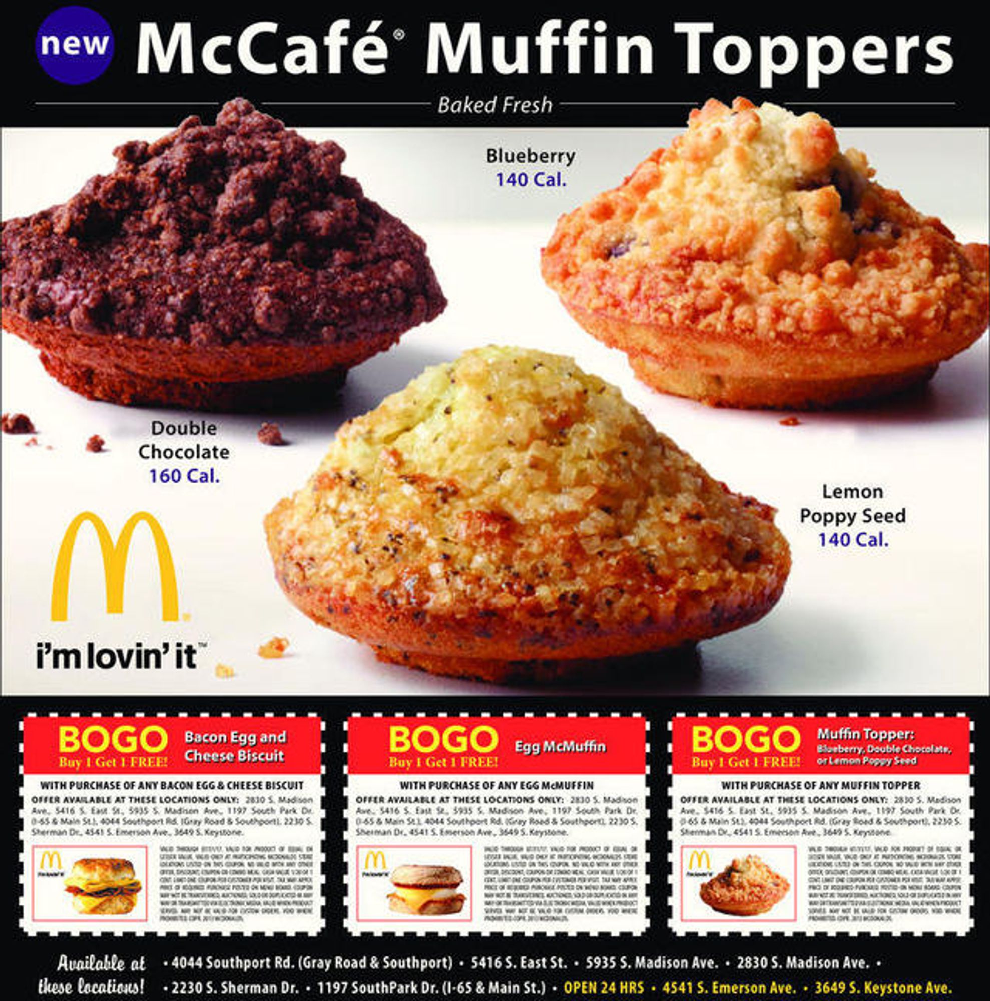 An ad for McCafe Muffin Toppers, with the "tops" of Double Chocolate, Lemon Poppy Seed, and Blueberry muffins