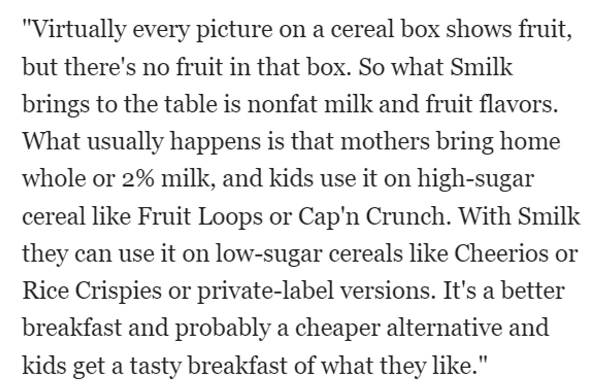 Newspaper clipping of plans for SMILK as a cheaper way to make sweet cereal milk