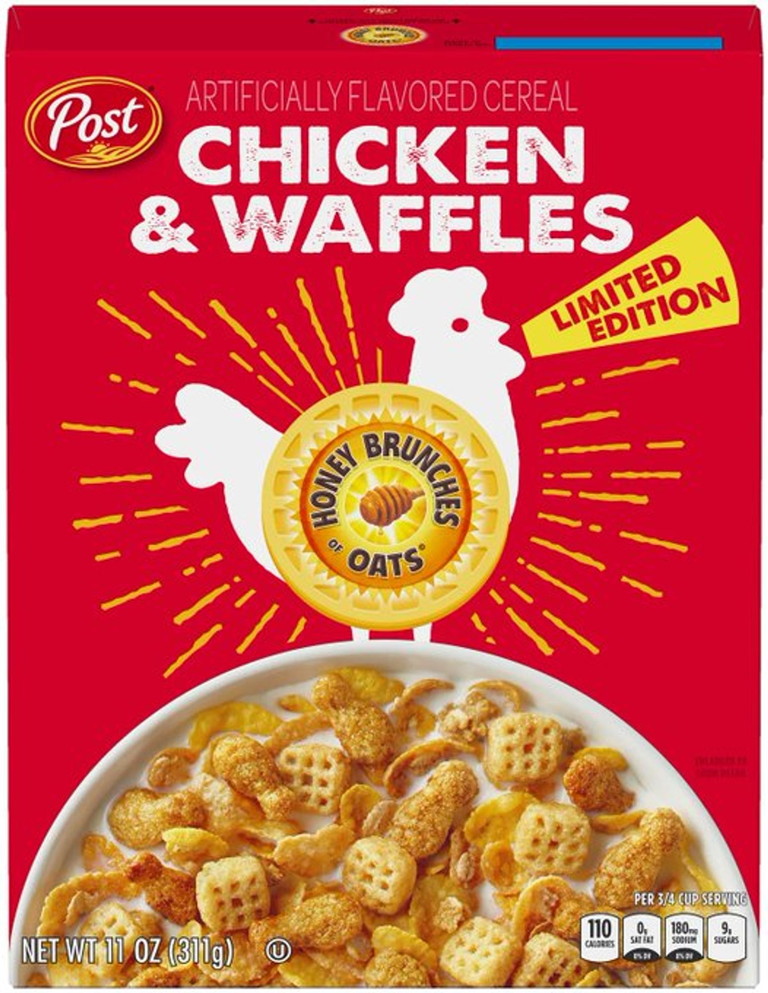 On a red cereal box, a white rooster behind the Honey Bunches of Oats logo crows into a yellow megaphone labeled "limited edition". Beneath him is a white cereal bowl filled with waffle-shaped pieces and drumstick shaped pieces, in milk