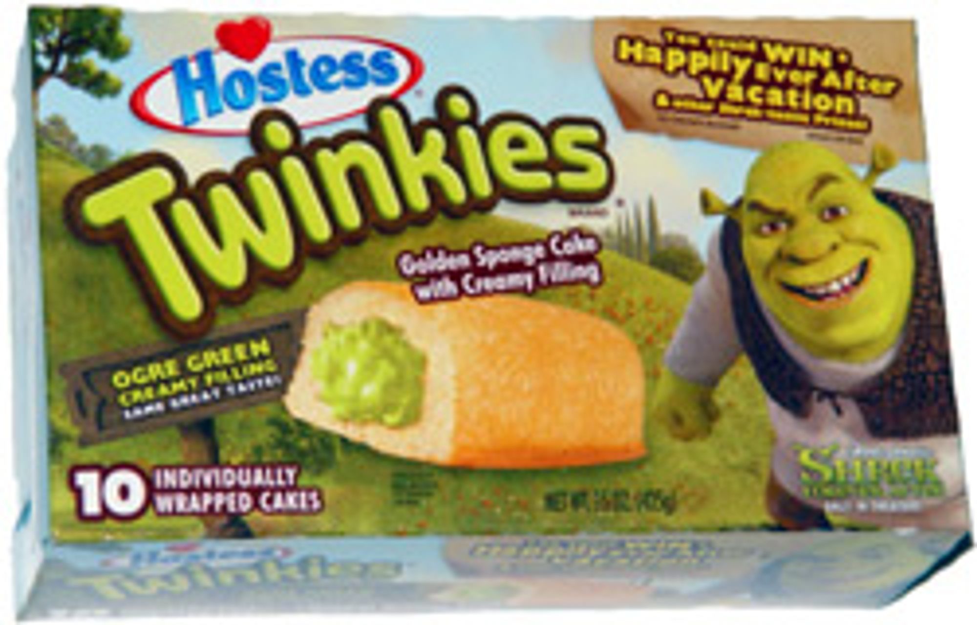 A yellow spongecake with the end cut off to reveal green creme. On the right side, Shrek balls up his fist and leers menacingly at us