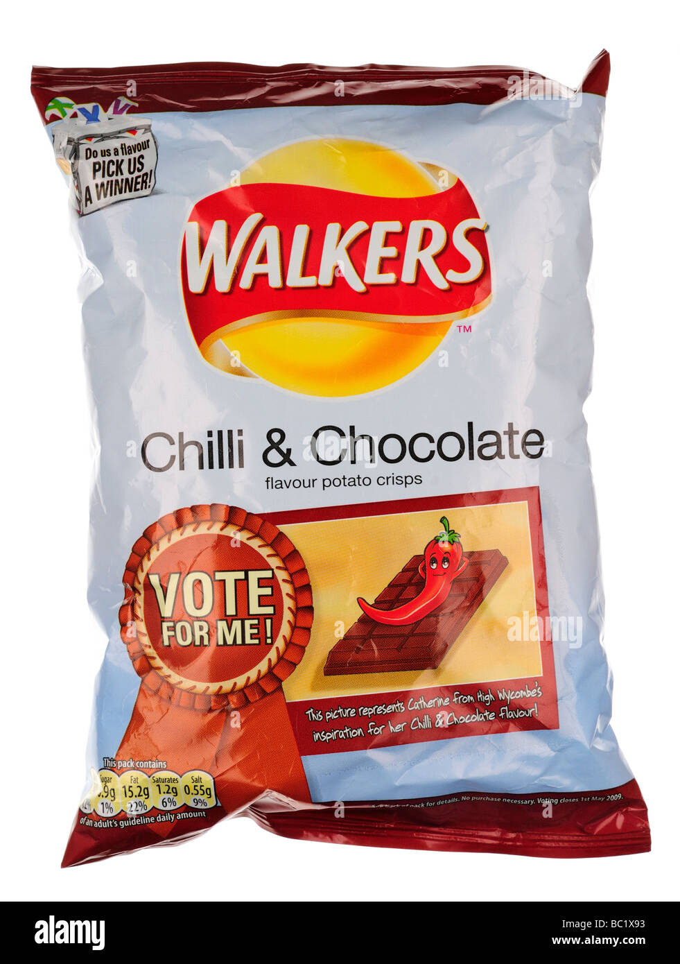 A bag of Walker's crisps, with a red chili pepper reclining on a chocolate bar