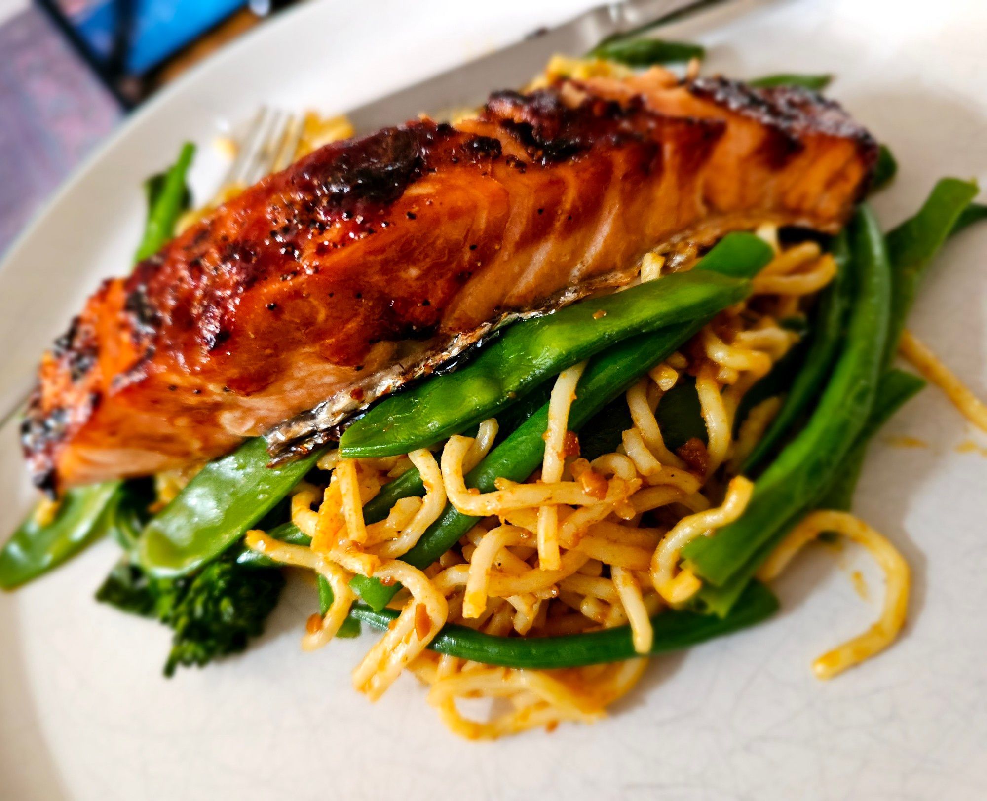 Teriyaki salmon with noodles and veg