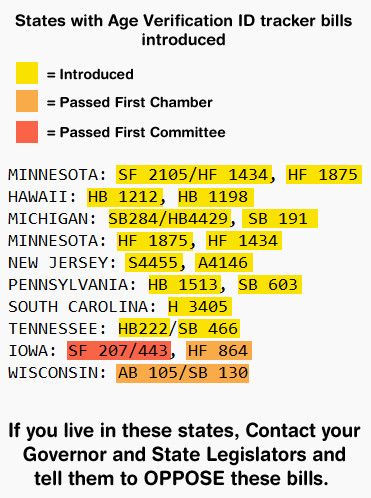 States with Age Verification ID tracker Bills introduced

MINNESOTA: SF 2105/HF 1434, HF 1875
HAWAII: HB 1212, HB 1198
MICHIGAN: SB284/HB4429, SB 191
MINNESOTA: HF 1875, HF 1434
NEW JERSEY: S4455, A4146
PENNSYLVANIA: HB 1513, SB 603
SOUTH CAROLINA: H 3405
TENNESSEE: HB222/SB 466
IOWA: SF 207/443, HF 864
WISCONSIN: AB 105/SB 130

If you live in these states, Contact your Governor and State Legislators and tell them to OPPOSE these bills