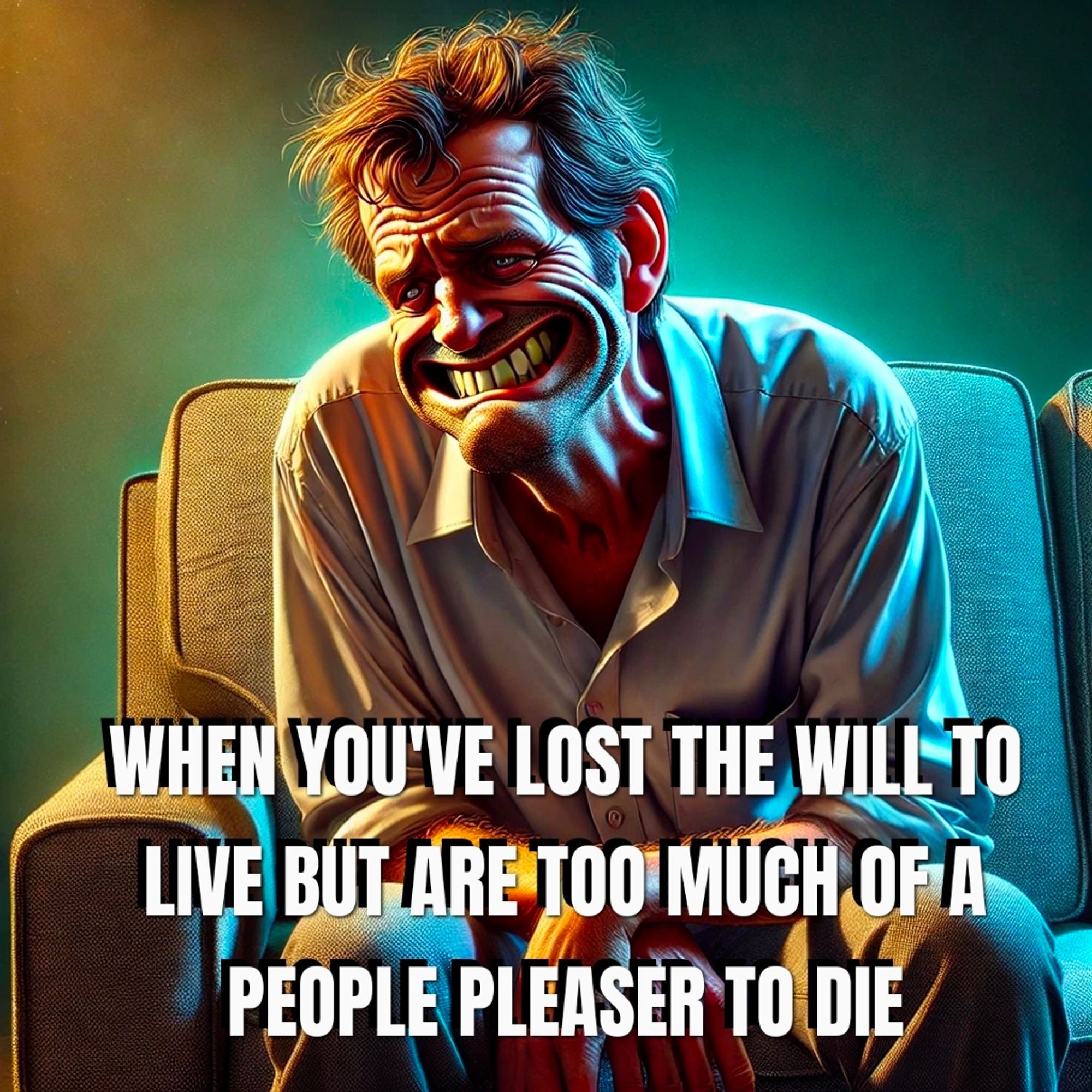 A distressed man sitting on a couch with a forced smile.  Text reads: WHEN YOU'VE LOST THE WILL TO LIVE BUT ARE TOO MUCH OF A PEOPLE PLEASER TO DIE