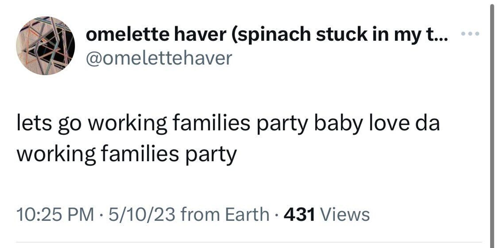 tweet from omelettehaver that says lets go working families party baby love da working families party