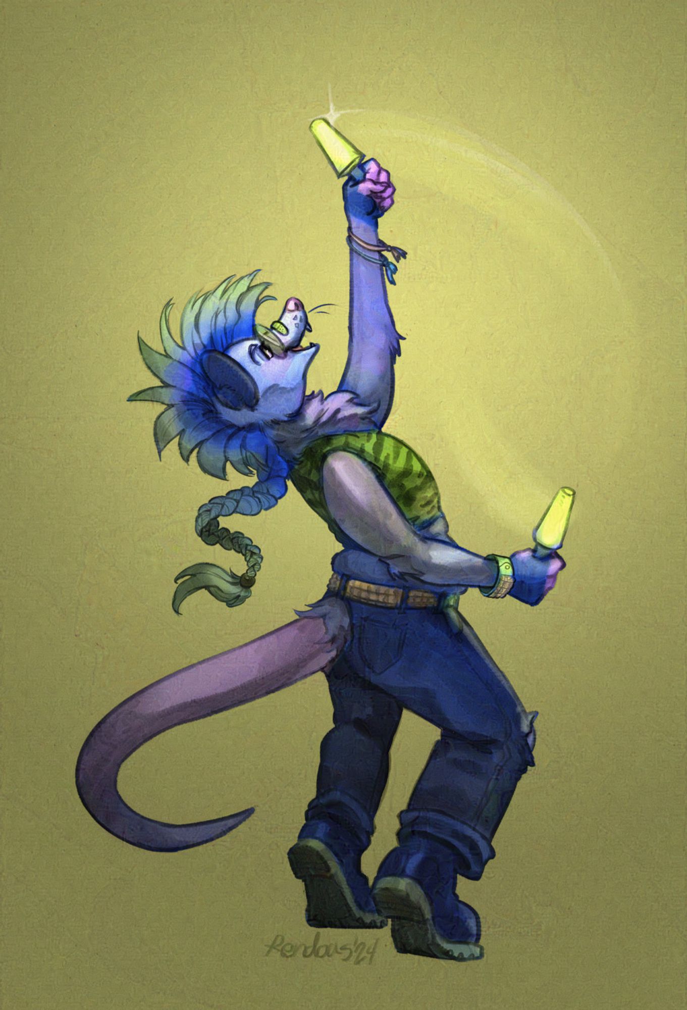 Drawing of a non-binary anthro opossum dancing with two glowsticks. 🌲