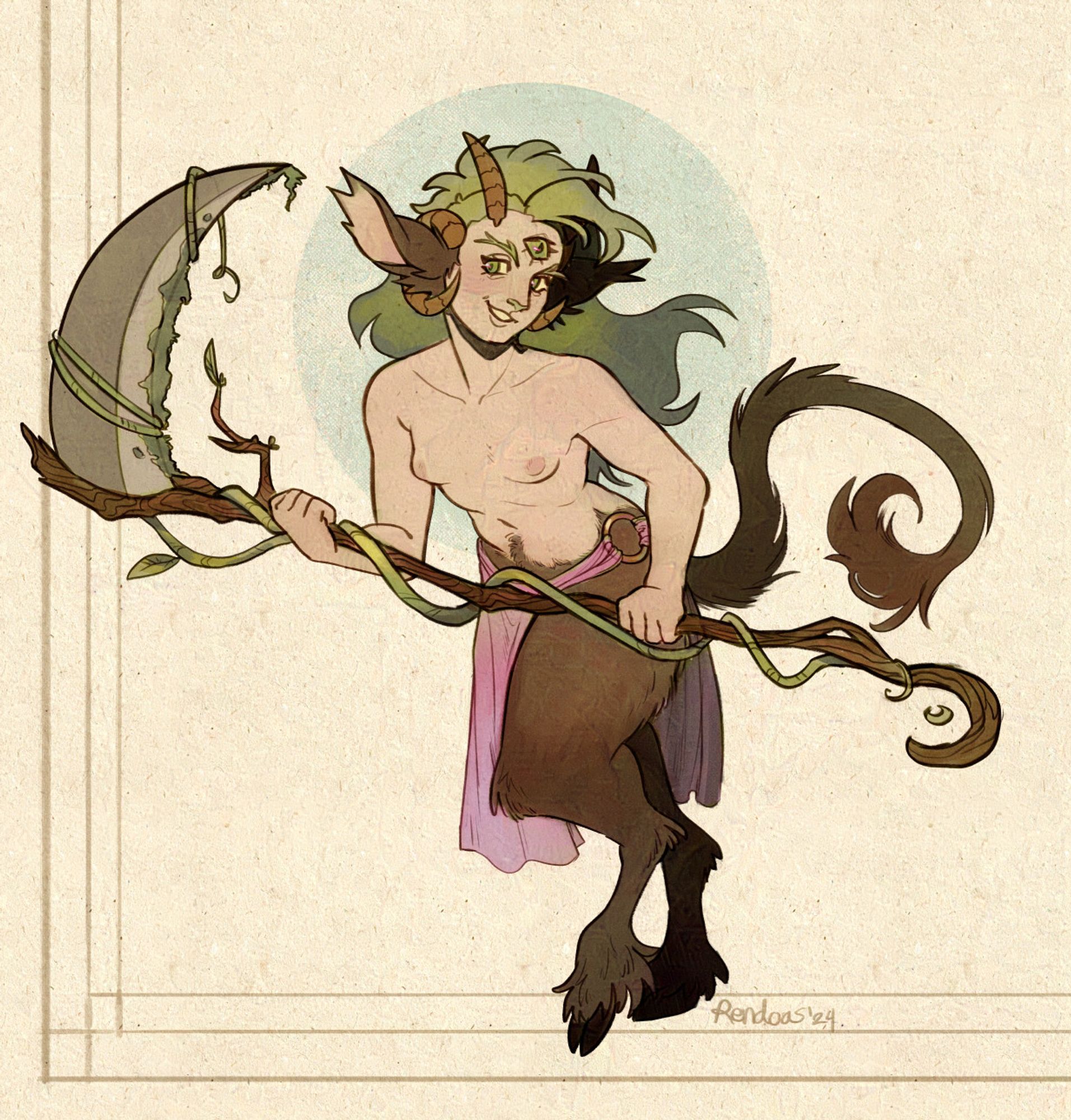 Drawing of a three-eyed satyr holding a scythe covered in vines and moss. 🌳