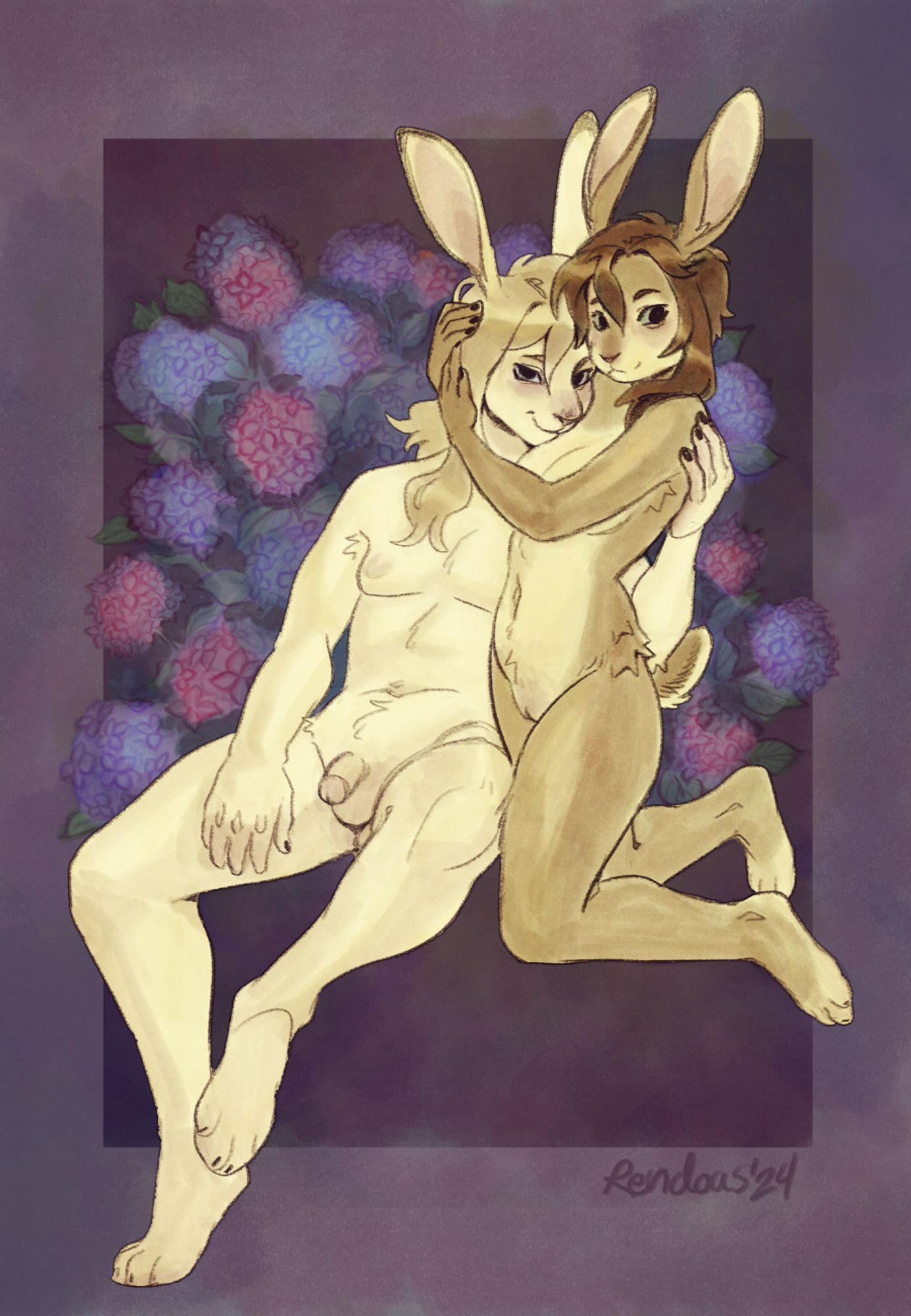 Art of two anthro rabbits holding each other affectionately in front of a hydrangea bush. 🌲