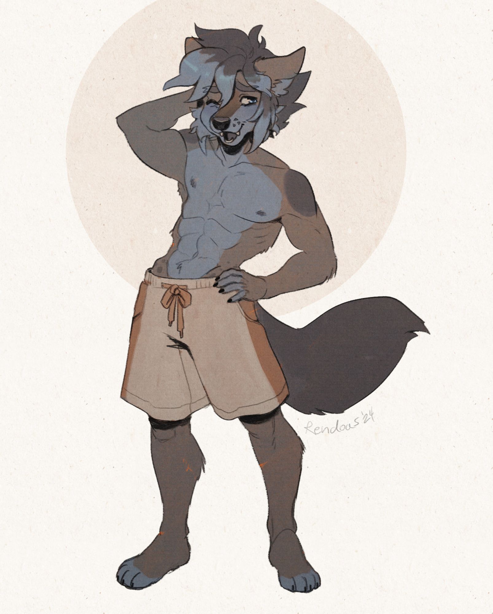 Drawing of a muscular anthro wolf in white and orange basketball shorts, posing without a shirt. 🌲