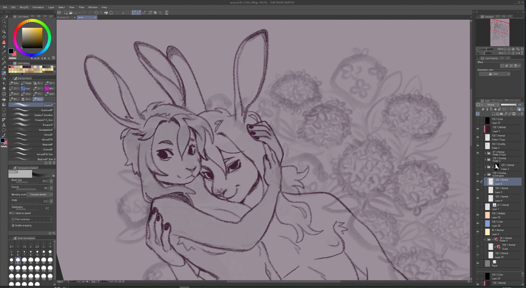 screenshot of a Clip Studio Paint workspace around a work-in-progress drawing of two anthro rabbits in a cluster of hydrangeas. 🌲