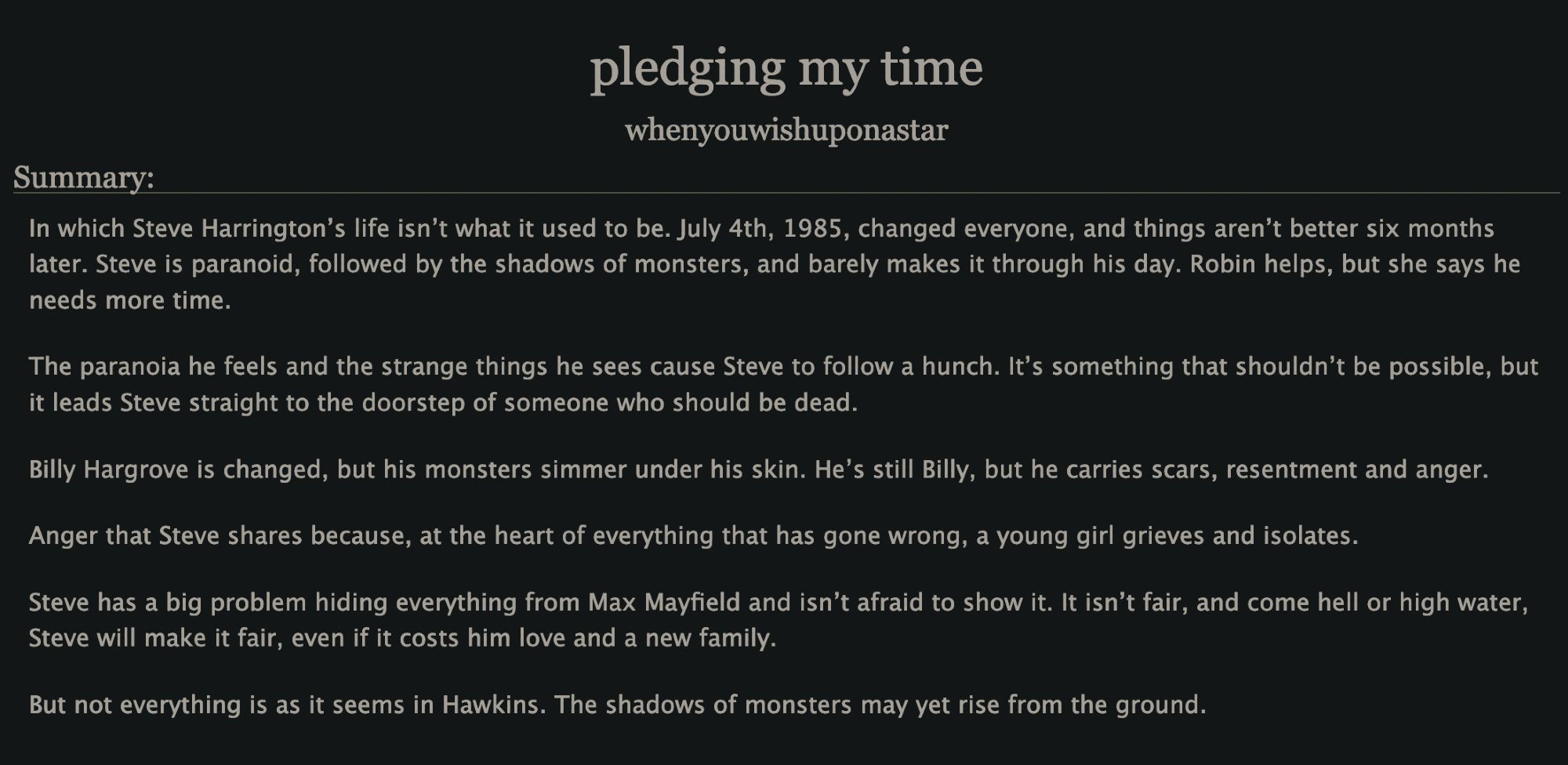 Summary for the fic pledging my time by whenyouwishuponastar