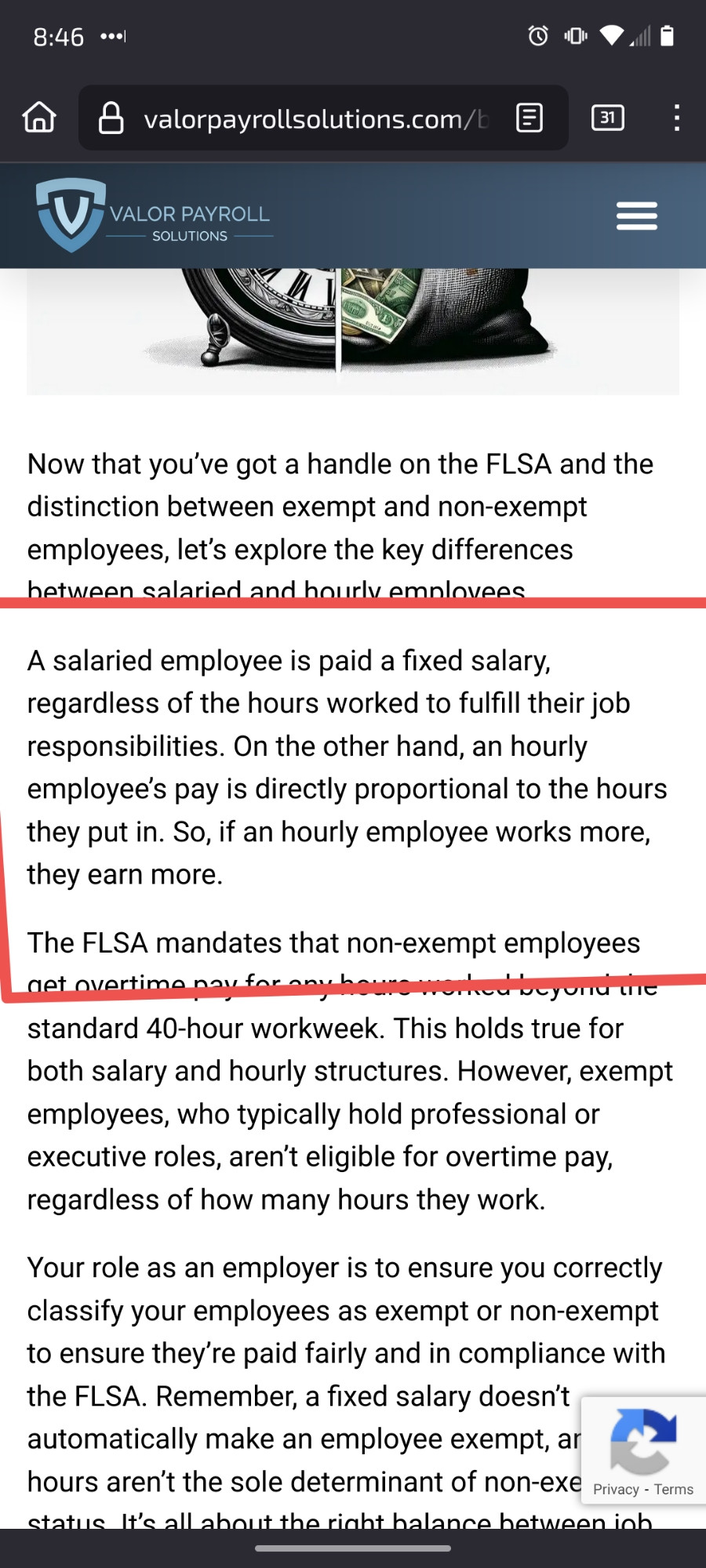 A snippet from an HR salary website stating that a salaried employee is paid a fixed salary regardless of the hours worked to fulfill their job responsibilities, in direct contradiction to what my original hire agreement was, as salaried, non-exempt.