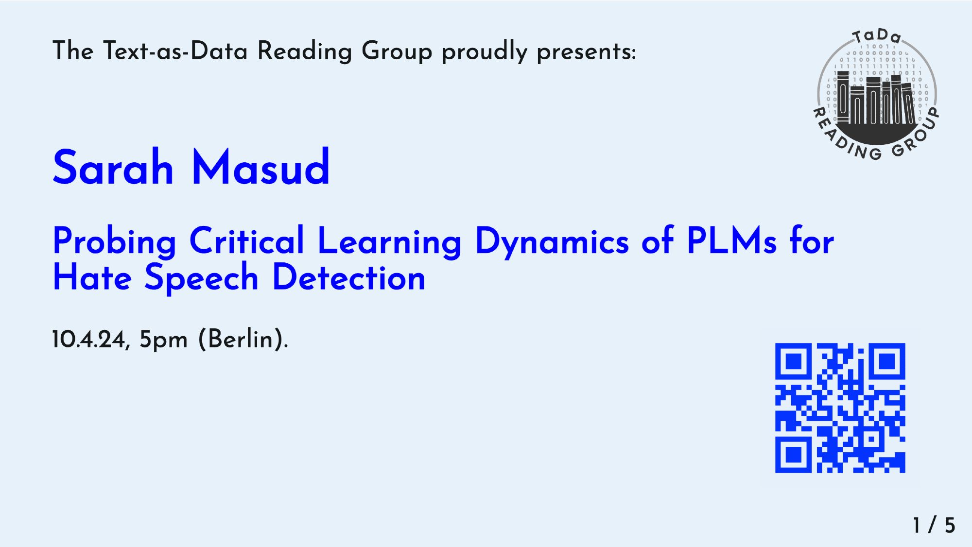 Flyer prommoting Sarah Masud's presentation at the TaDa Reading Group