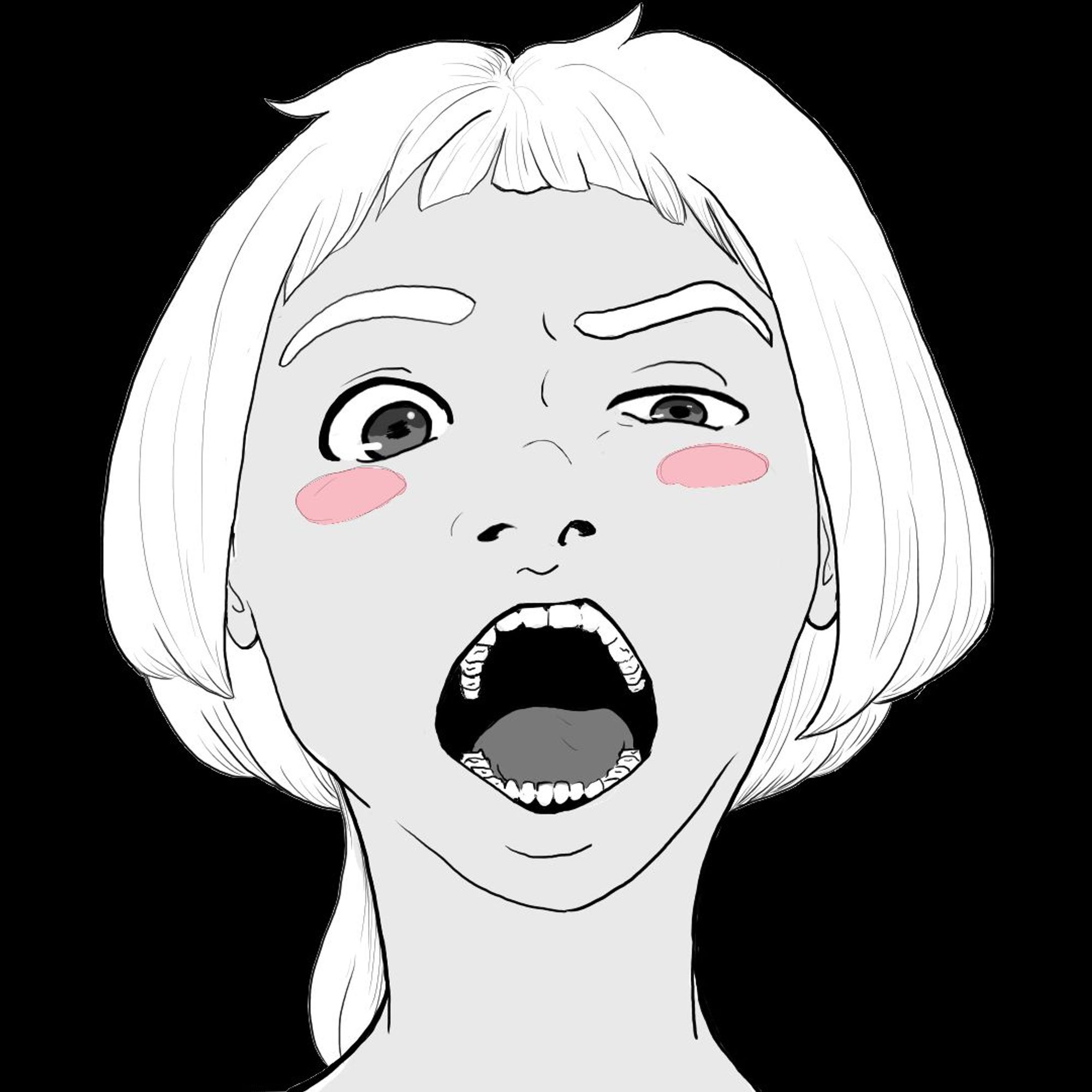 Front facing mugshot drawing of a white haired girl with a bob cut. Her mouth is open wide and she is looking with a puzzling expression.
She could be expressing intense disbelief. Or this could be the dentist POV during an apointment.