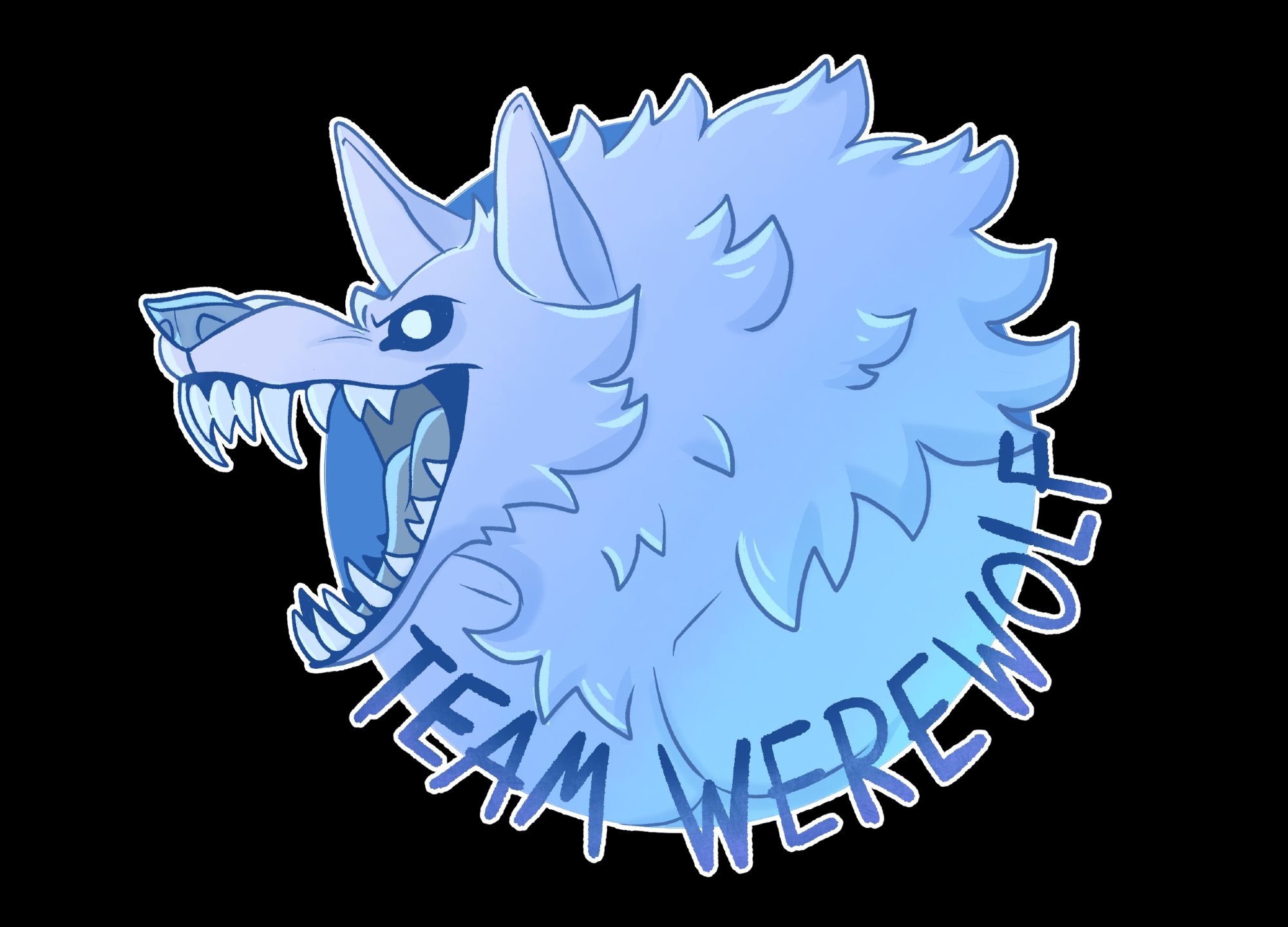 A werewolf head in a circle in bright blue colors.