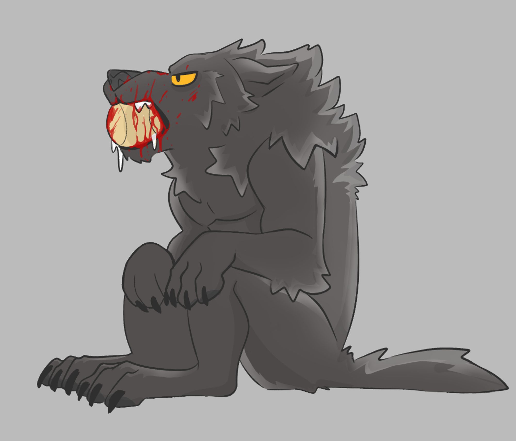 a werewolf with a ball in its bloody maw