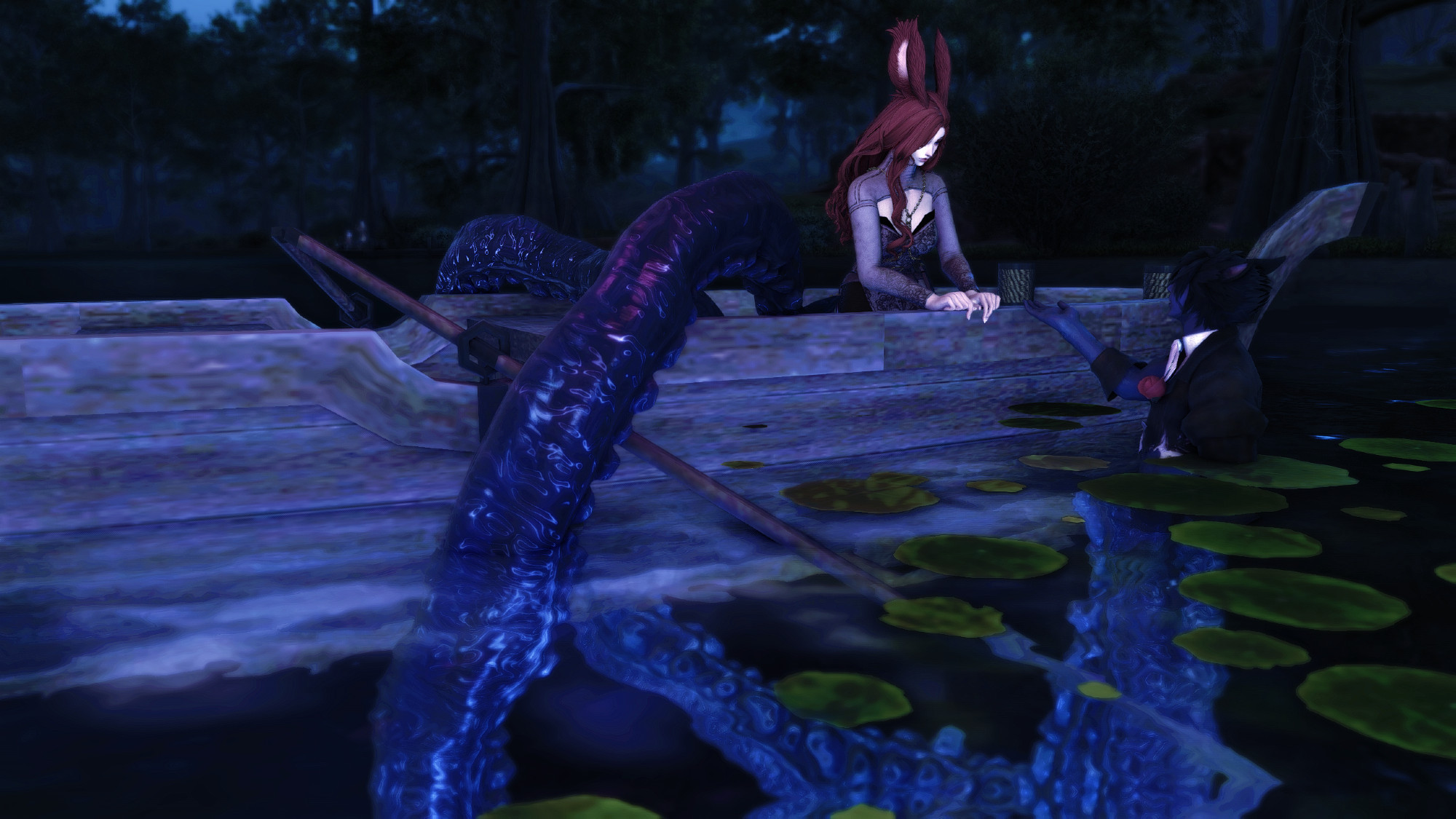 Red-haired bungirl with pale skin dressed in brown corseted top sits in a rowboat on a lake at night, peering over the edge. Black-haired catboy with blue-gray skin in a torn suit emerges from the lily pad dotted water and urges her to take his hand. Unbeknownst to the lady, blue-gray tentacles from cat's lower half are wrapping around the boat, ready to drag her in.