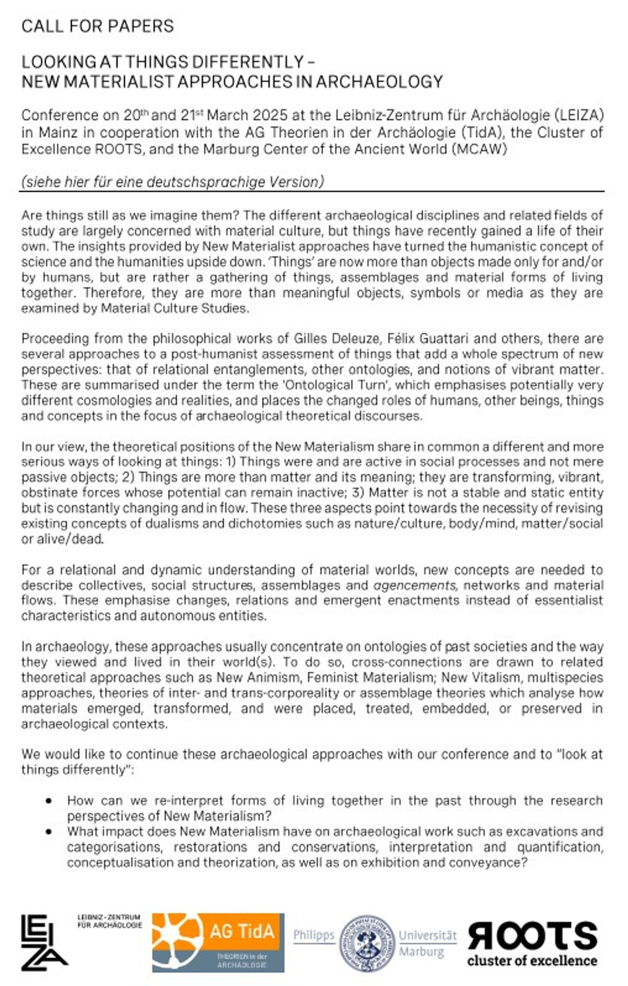 Page 1 of our Call for Papers for the conference "Looking at Things Differently - New Materialist Approaches in Archaeology"