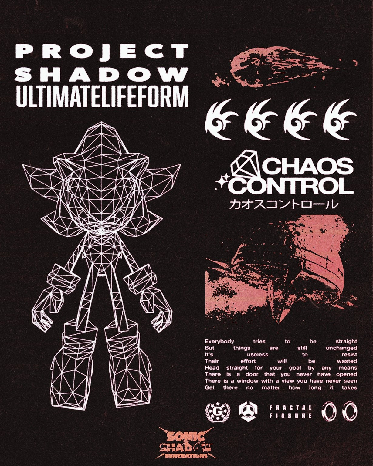 PROJECT SHADOW ULTIMATE LIFE FORM poster featuring a wire frame Shadow the Hedgehog, Chaos Control logo, lyrics to "Throw It All Away", the Space Colony Ark, and the Black Comet