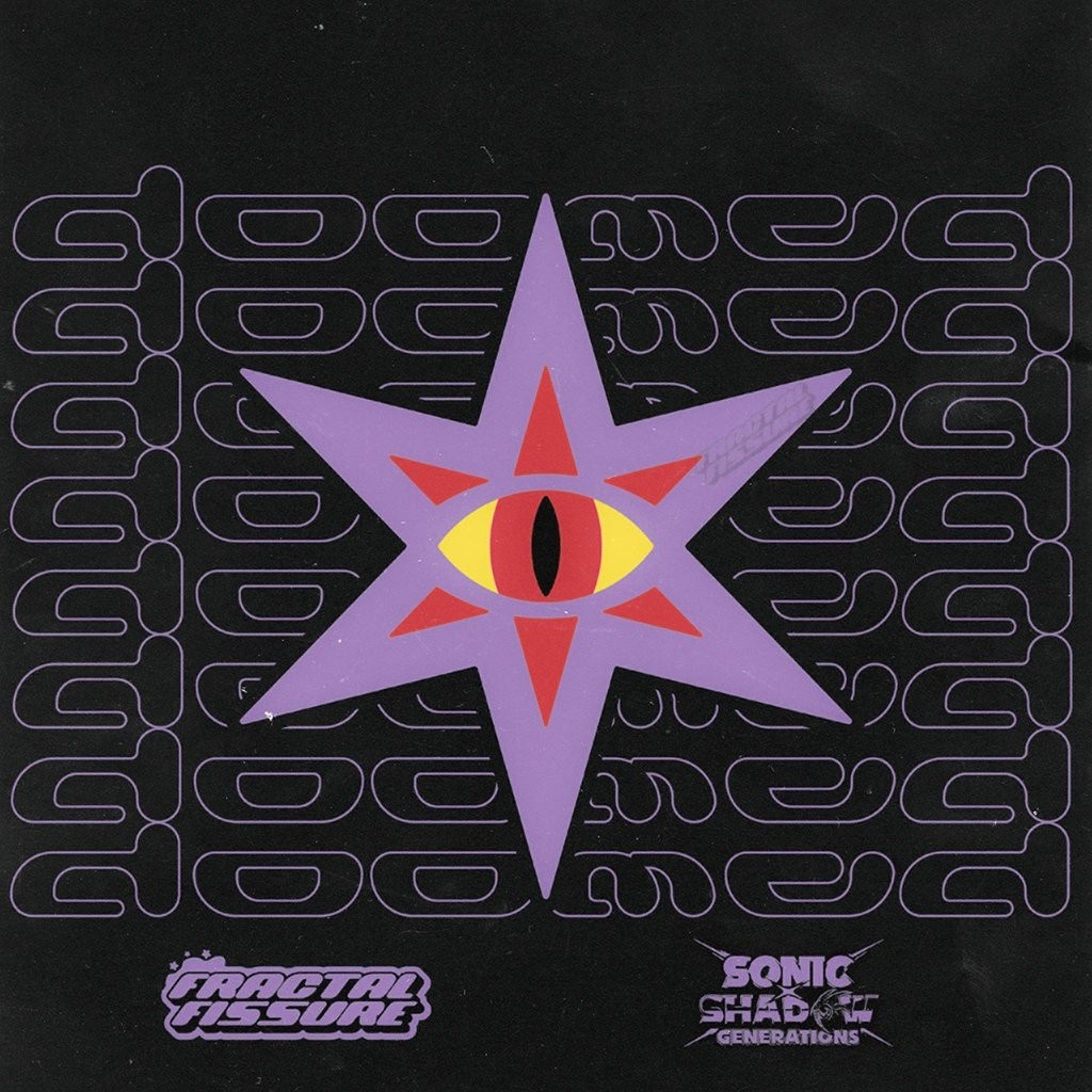 Y2K style Black Doom design, in front of a horizontally repeating wall of text that says "doomed". Below, the Fractal Fissure Logo and Sonic X Shadow Generations logo.