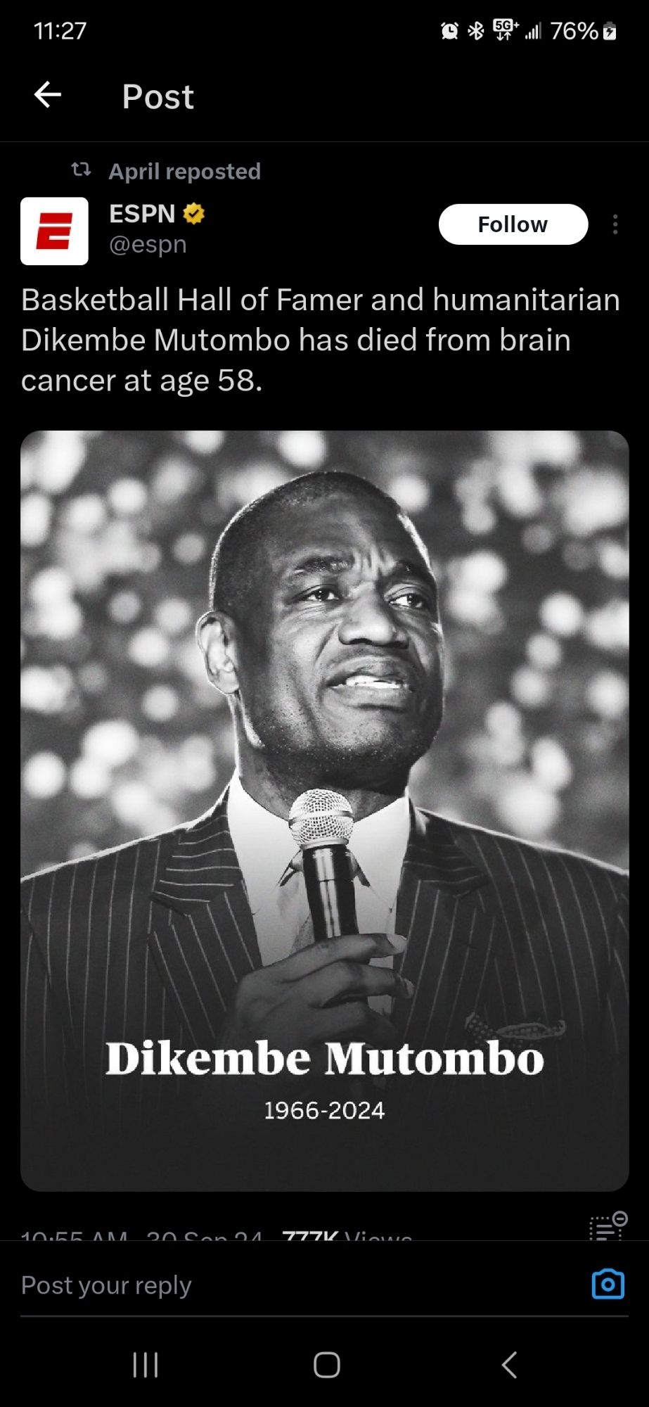 Text reads: Basketball hall of gamer and humanitarian Dikembe Mutombo has died from brain cancer at age 58. Picture of him in a suit holdong microphone with the caption 1966-2024.