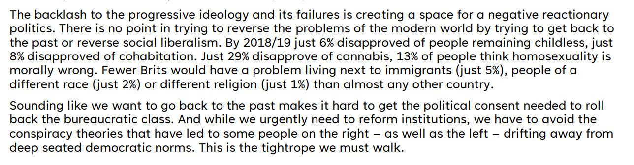 The backlash to the progressive ideology and its failures is creating a space for a negative reactionary
politics. There is no point in trying to reverse the problems of the modern world by trying to get back to
the past or reverse social liberalism. By 2018/19 just 6% disapproved of people remaining childless, just
8% disapproved of cohabitation. Just 29% disapprove of cannabis, 13% of people think homosexuality is
morally wrong. Fewer Brits would have a problem living next to immigrants (just 5%), people of a
different race (just 2%) or different religion (just 1%) than almost any other country.
Sounding like we want to go back to the past makes it hard to get the political consent needed to roll
back the bureaucratic class. And while we urgently need to reform institutions, we have to avoid the
conspiracy theories that have led to some people on the right – as well as the left – drifting away from
deep seated democratic norms. This is the tightrope we must walk. 