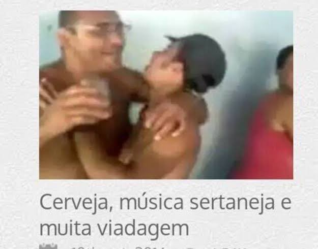 Imagem de dois homens dançando agarrados com  o título: Cerveja, música sertaneja e muita viadagem