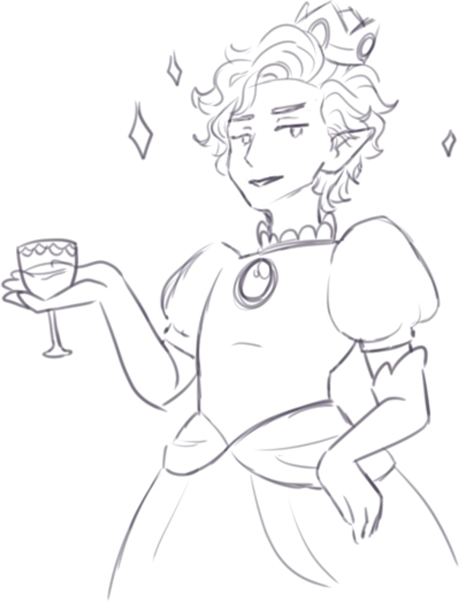 Astarion dressed as princess peach holding a glass of wine(?)