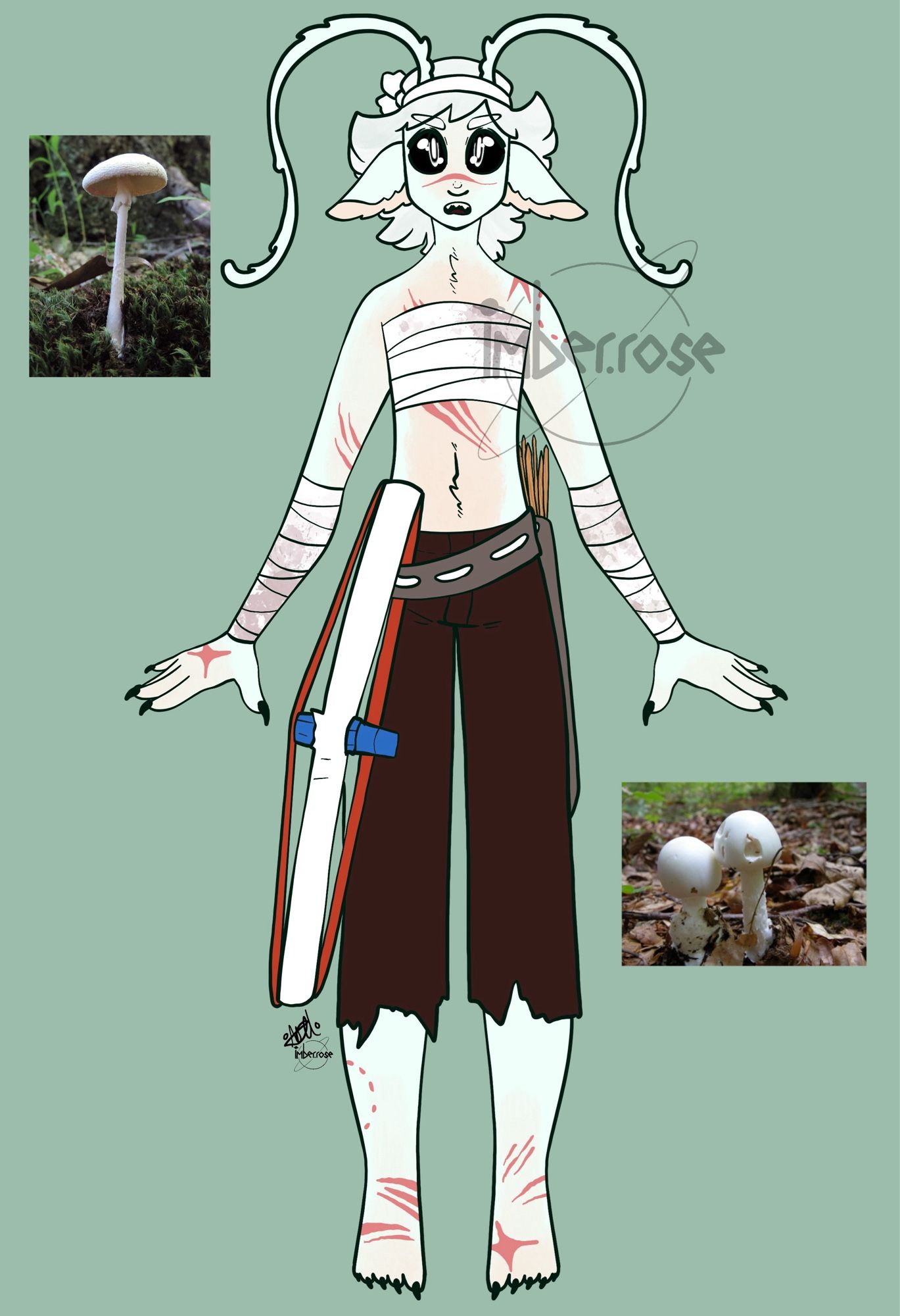 A digital character illustration of a thin fluffy humanoid character with antenna, a bandana, short wavy hair, fluffy deer esque ears, scratches and scars, bandages wrapped around their chest and arms, a bow made from a pen and a sheath of toothpicks on a belt and torn pants