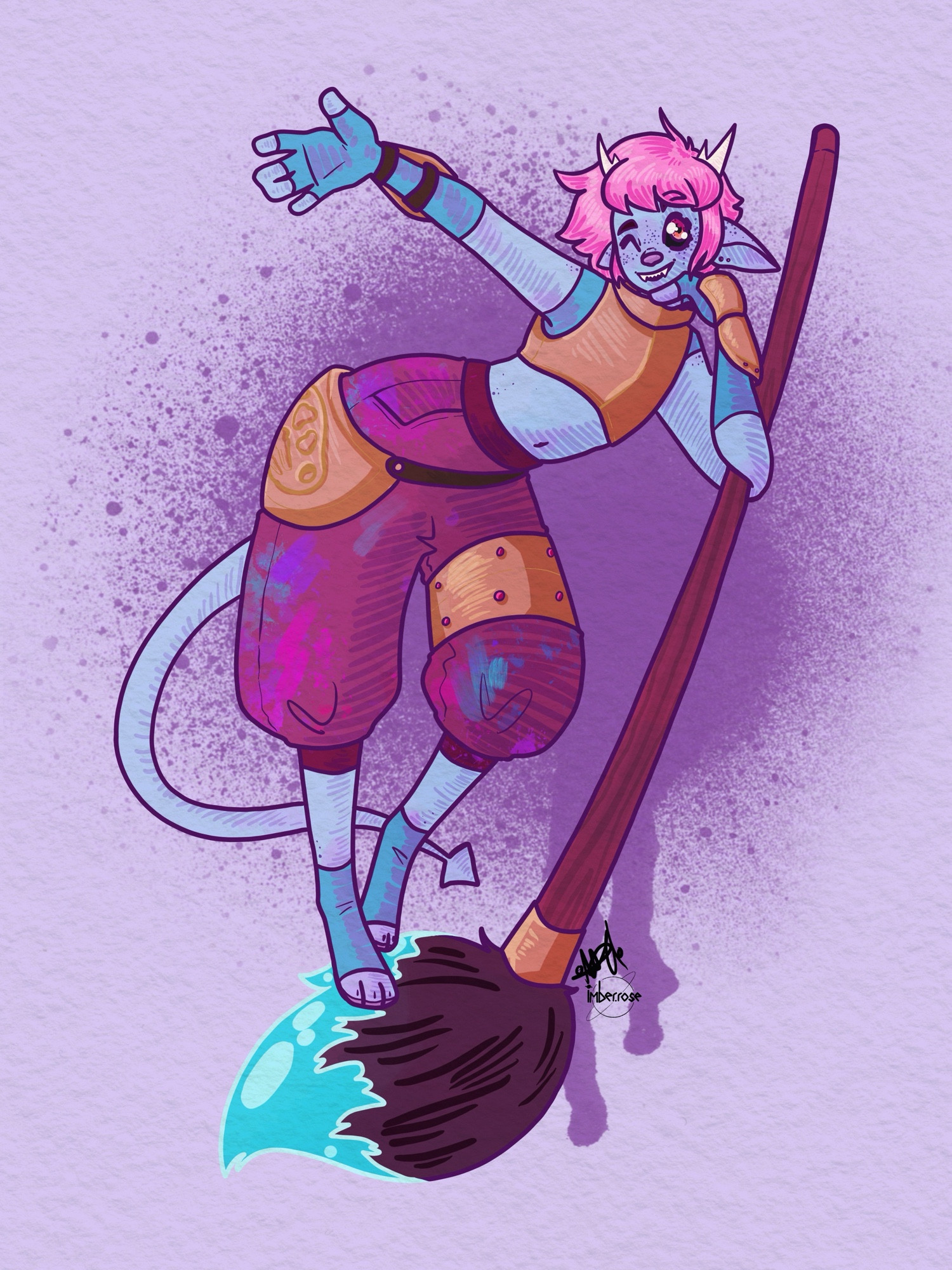 A digital illustration of a tiefling/goblin/gnome character leaning on an oversized paintbrush weapon, she has short fluffy hair, small spiky horns, is winking, has chest armor, gauntlets and parachute pants and lil leg warmers/wrapps