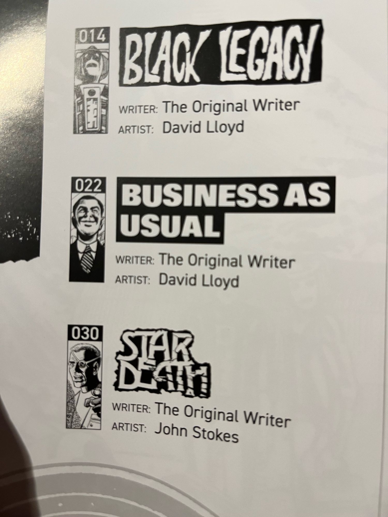 The contents page from the latest collection of Doctor Who weekly backup strips on which Alan Moore is credited as The Original Writer because he went ballistic last time they were reprinted and everyone at Panini is scared of his Roman sock god.