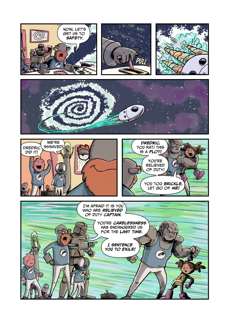Comic page. Alien crew member Dredric manages to get the ship out of the orbit of the black hole. He then uses the support of the crew to  sentence Captain Agnes to exile, stealing the ship for himself.