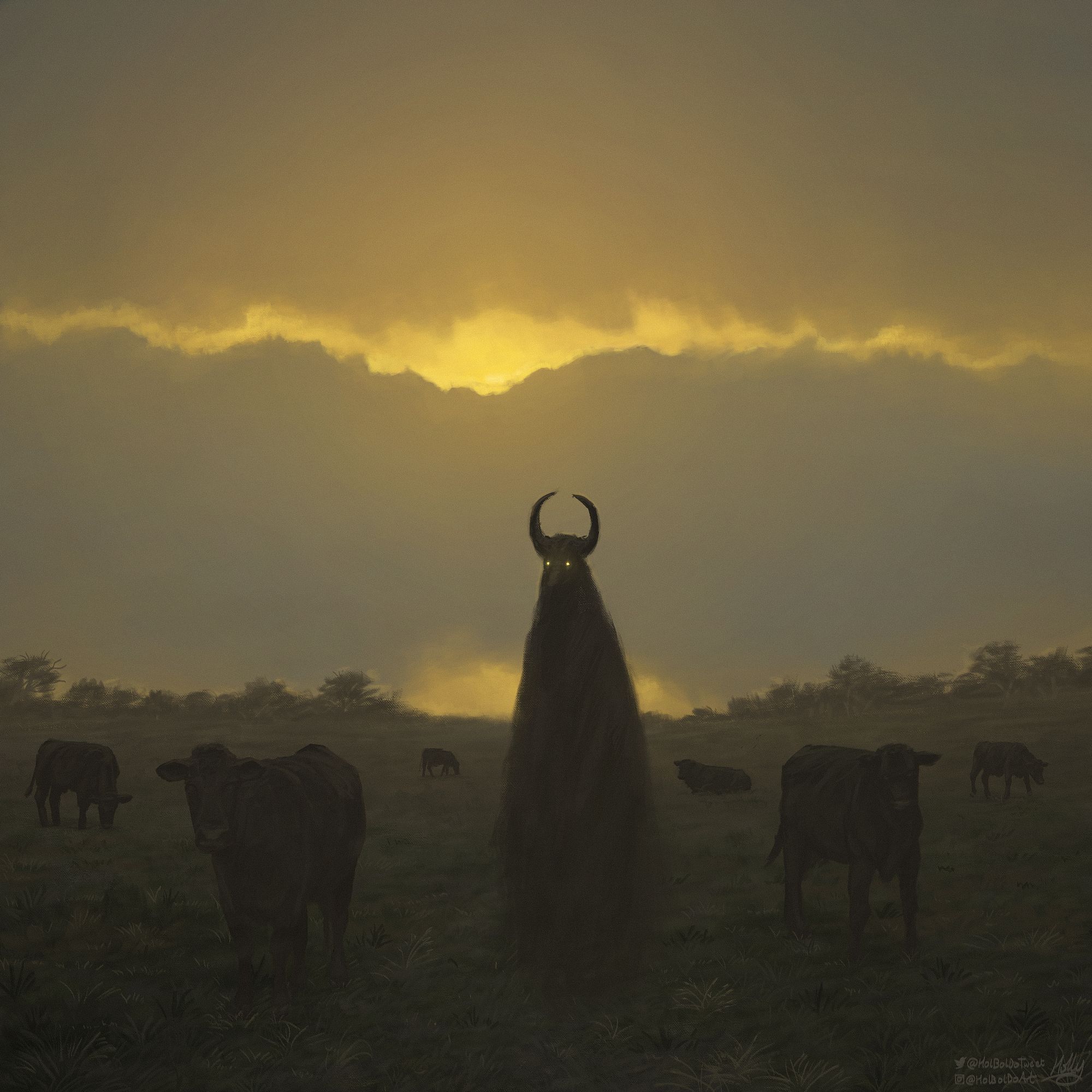 A dimly lit field scene at dusk. The last sun of the day attempts to break through thick bands of grey clouds with an eerie yellow glow. In the field are black cattle grazing. In the centre of the frame is a tall amorphous figure with a cow-like head and two upright horns that almost form a circle. Its eyes glow with yellow light. To either side of it, two black cows look towards the viewer.