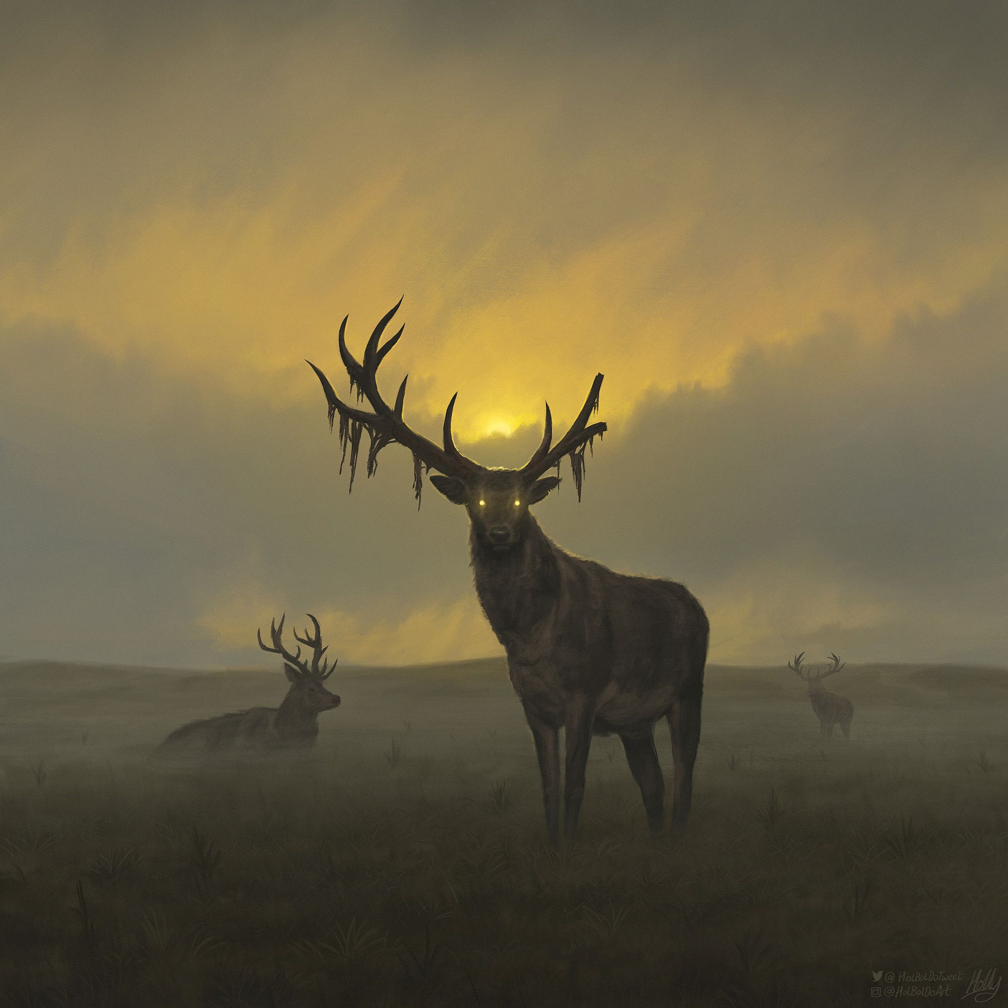 A misty grassy field scene. The sky  is grey and cloudy illuminated from behind with yellow sunset light. In the centre of the frame is a large red deer looking directly at the viewer with glowing yellow eyes that match the colour of the sunlight behind it. It has large antlers that are mostly broken on the right side. The antlers are losing their velvet-like coating in a bloody manner, with scraps hanging from the sharp points. To either side of the deer are two more deer mostly obscured by the mist.