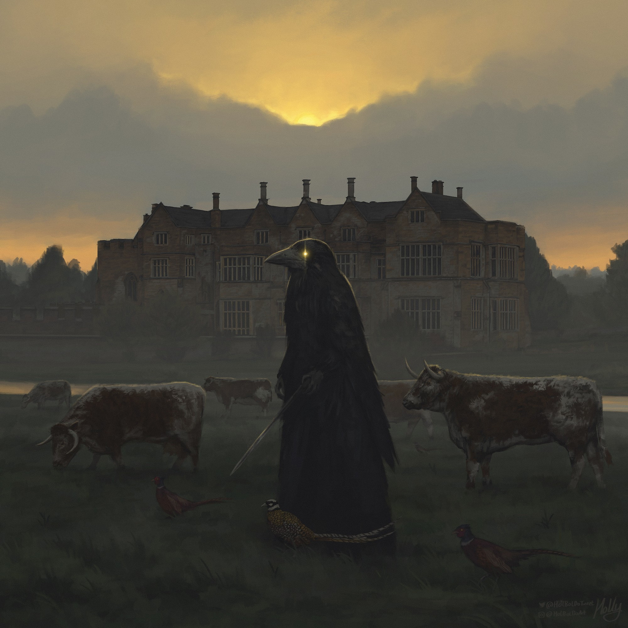 A misty evening scene. In the foreground, a humanoid figure with black robes and a crow's head stands in a grassy field holding a long thin metal blade. Its visible eye glows with yellow light. At its feet are three pheasants. 
In the field behind him are several brown and white English Longhorn cows grazing. The fields end with a moat full of water. Behind the moat is a large medieval house with tall grid-like windows and many gables and chimneys. The sky behind it is cloudy, obscuring a lurid yellow sunset.