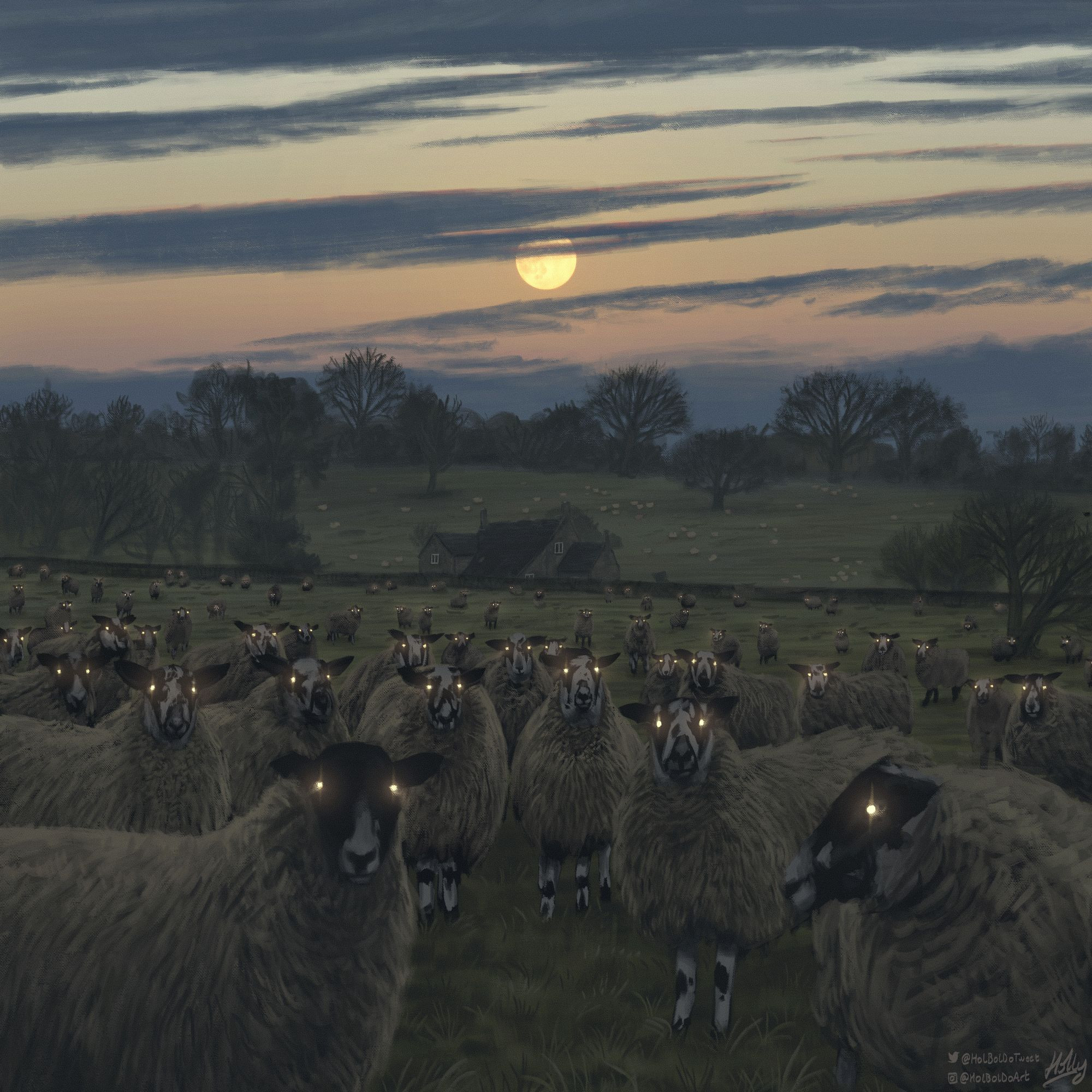 A cold field scene at dusk. The moon is low in the sky and yellow in the top centre. In the foreground and extending into the background are many sheep with thick wool coats and black and white faces and legs. They all look towards the viewer with bright glowing eyes the same colour as the moon. In the distance is a house below a steep hill sparsely covered in leafless trees. A large house is just visible behind the trees on the peak of the hill to the right. The hill is covered in yet more sheep and a light mist.