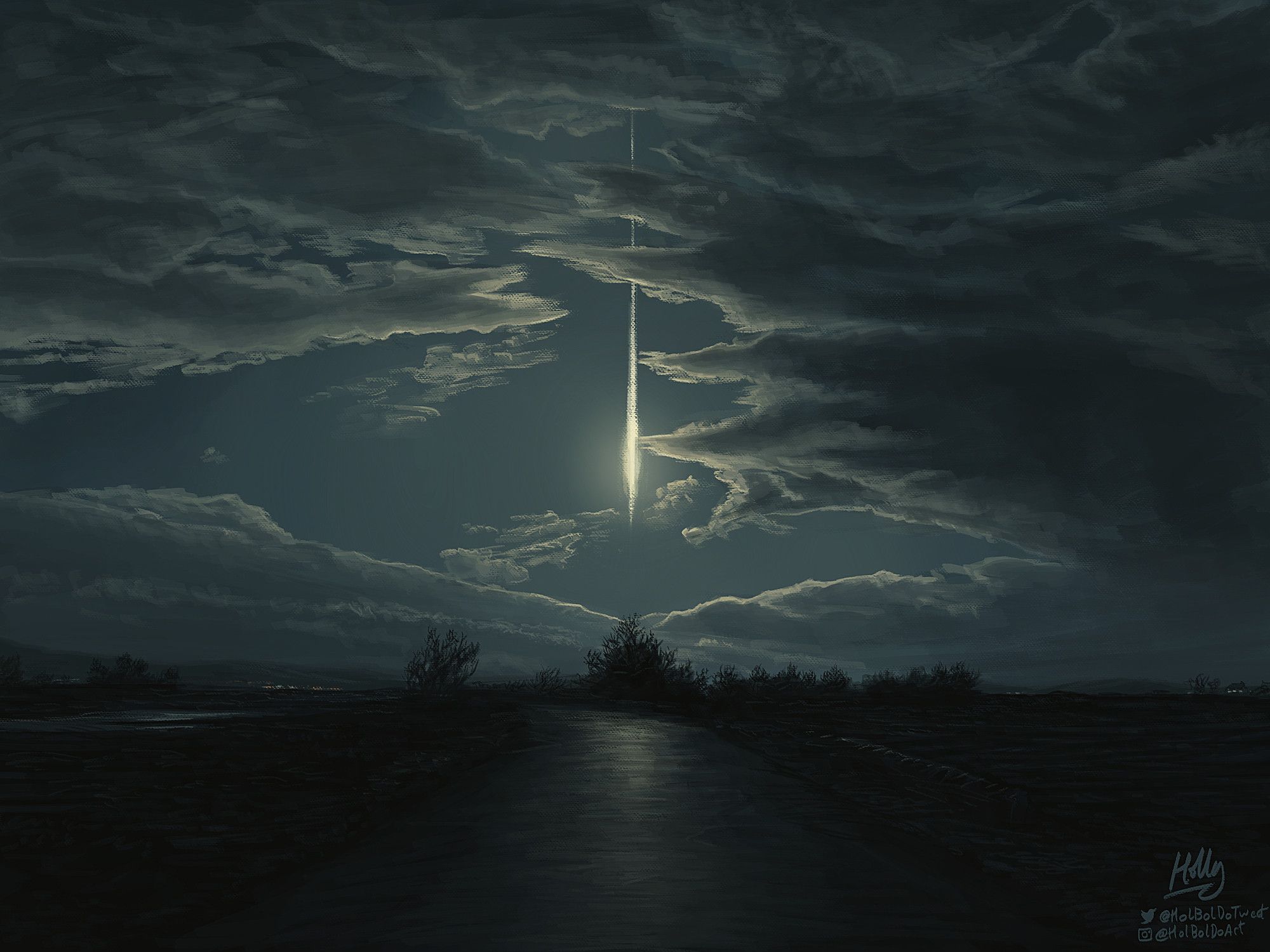 Dark night landscape showing a country road flanked by muddy fields on either side. Along the road are the silhouettes of low trees. Some faint lights can be seen in the distance. Above is a clouded night sky, lit from behind by a bright meteor, shooting directly downwards. Its light is reflected in the road surface.