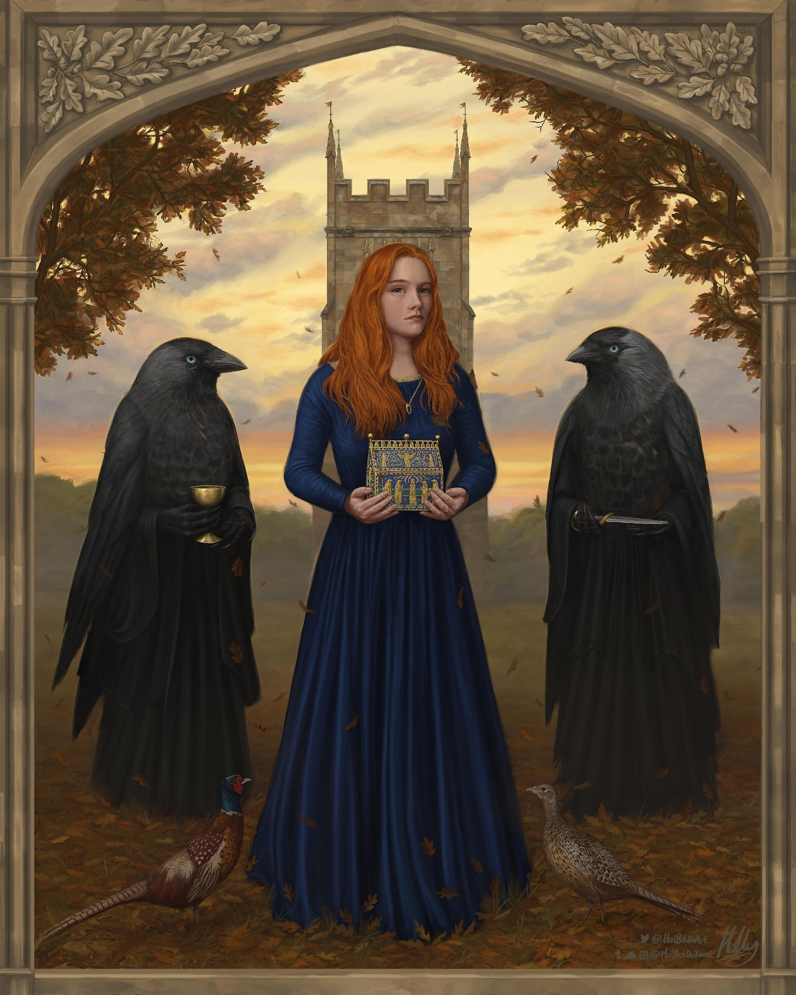 A woman with red hair wearing a simple blue dress in the centre holding a decorated reliquary casket. To each side, humanoid crow figures stand. The left holds a gold chalice, and the right holds a simple dagger. Behind them is a simple gothic church tower with pinnacles. The ground is covered in fallen leaves. In the left side stands a male Pheasant, and a female stands on the right.