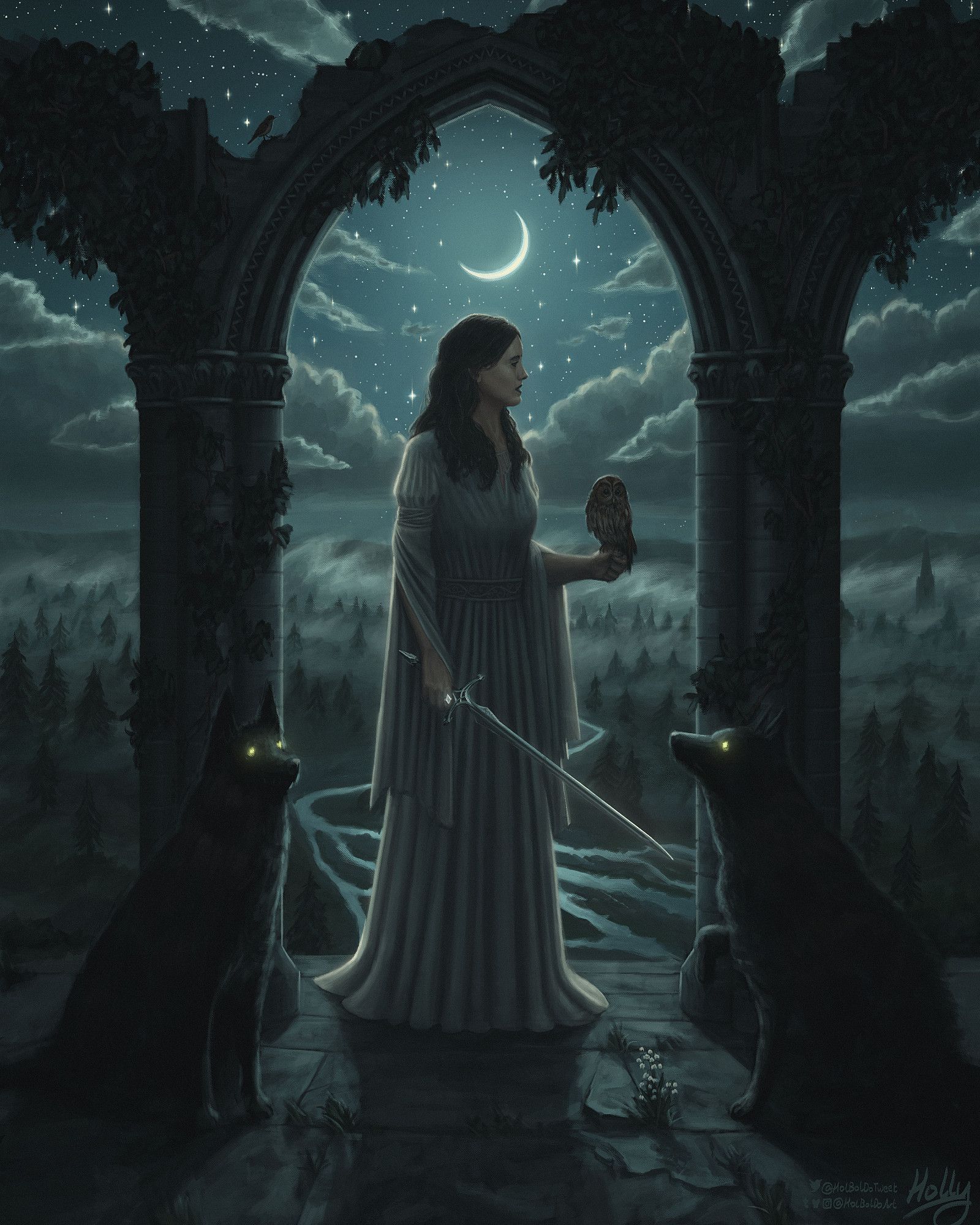 A woman in white looking right stands in the centre of the frame below a gothic arch that is covered in ivy. The sky is lit with a crescent moon and stars, and covered with scattered clouds. The woman holds a tawny owl in her left hand, and an ornate and slender sword in her right. She is flanked by pillars either side also with ivy. At the base of each pillar is a large black dog with yellow glowing eyes.

Behind the arches is a landscape of a sparse forest with trees poking out of the mist. Directly behind the woman is a meandering river reflecting the moonlight.