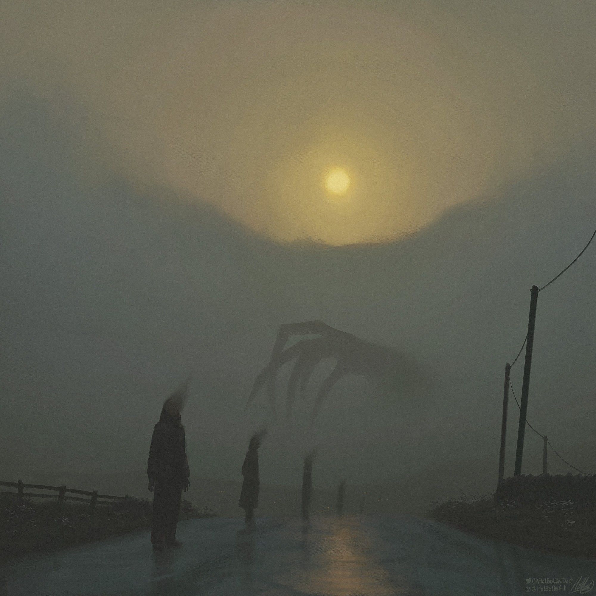 A dark misty country road. The setting sun appears beyond the fog. A row of people stand on the road, and their faces are blurred and smoke-like. I'm the distance, a large clawed hand reaches from the fog.