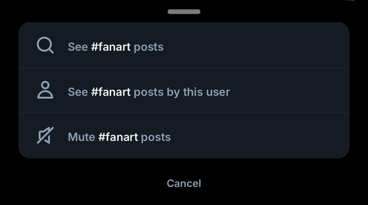 An interact popup menu with the following options:
- [Search Icon] See #fanart posts
- [Account Icon] See #fanart posts by this user
- [Mute Icon] Mute #fanart posts
and a cancel button at the bottom